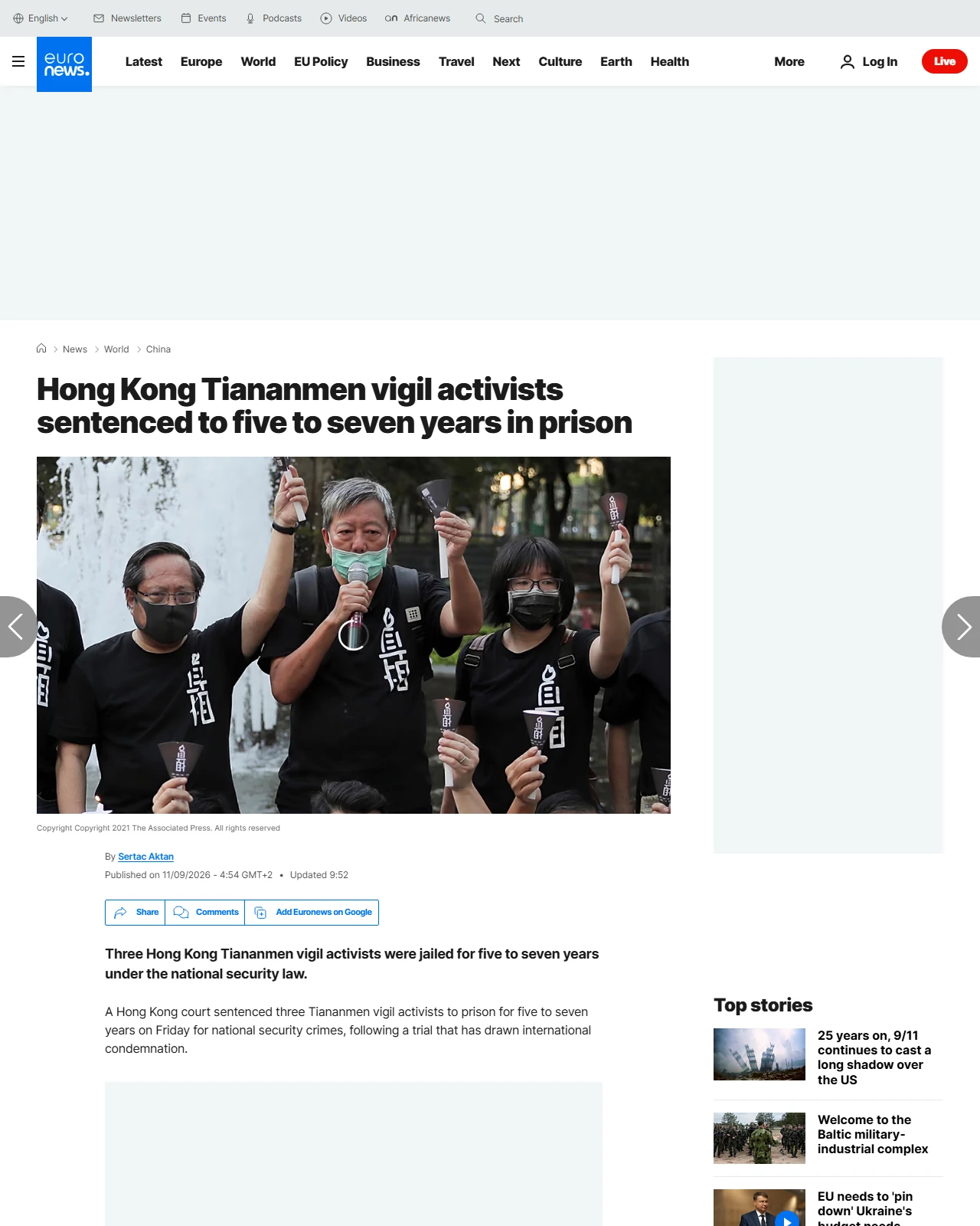 euronews.com as published: Hong Kong Tiananmen activists sentenced to five to seven years in jail