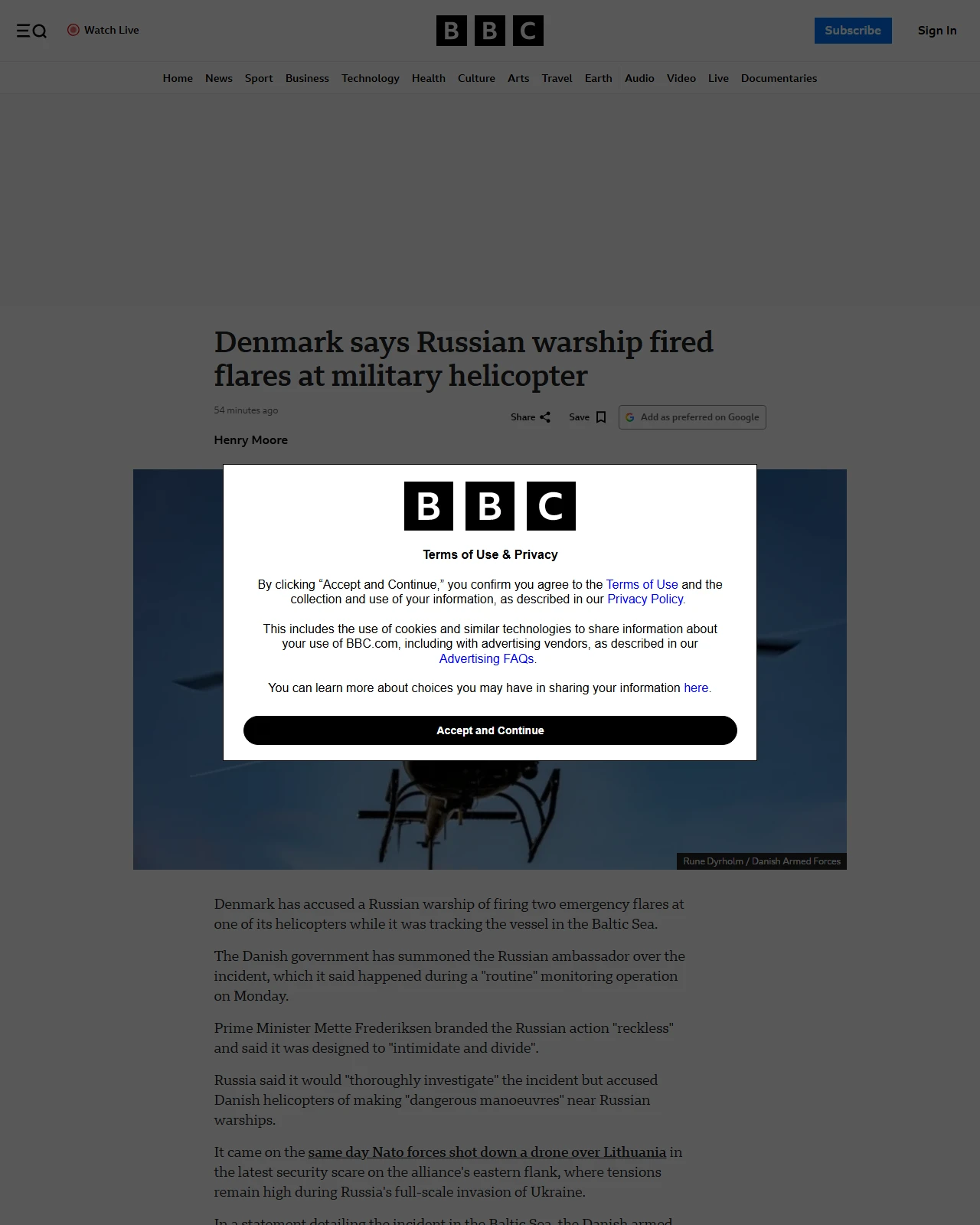 bbc.co.uk as published: Denmark says Russian warship fired flares at military helicopter