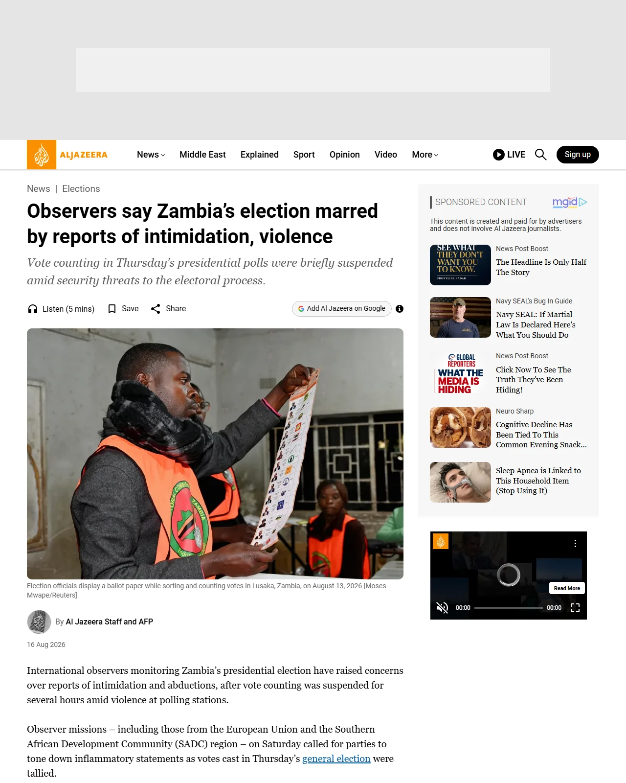 aljazeera.com as published: Observers say Zambia’s election marred by reports of intimidation, violence
