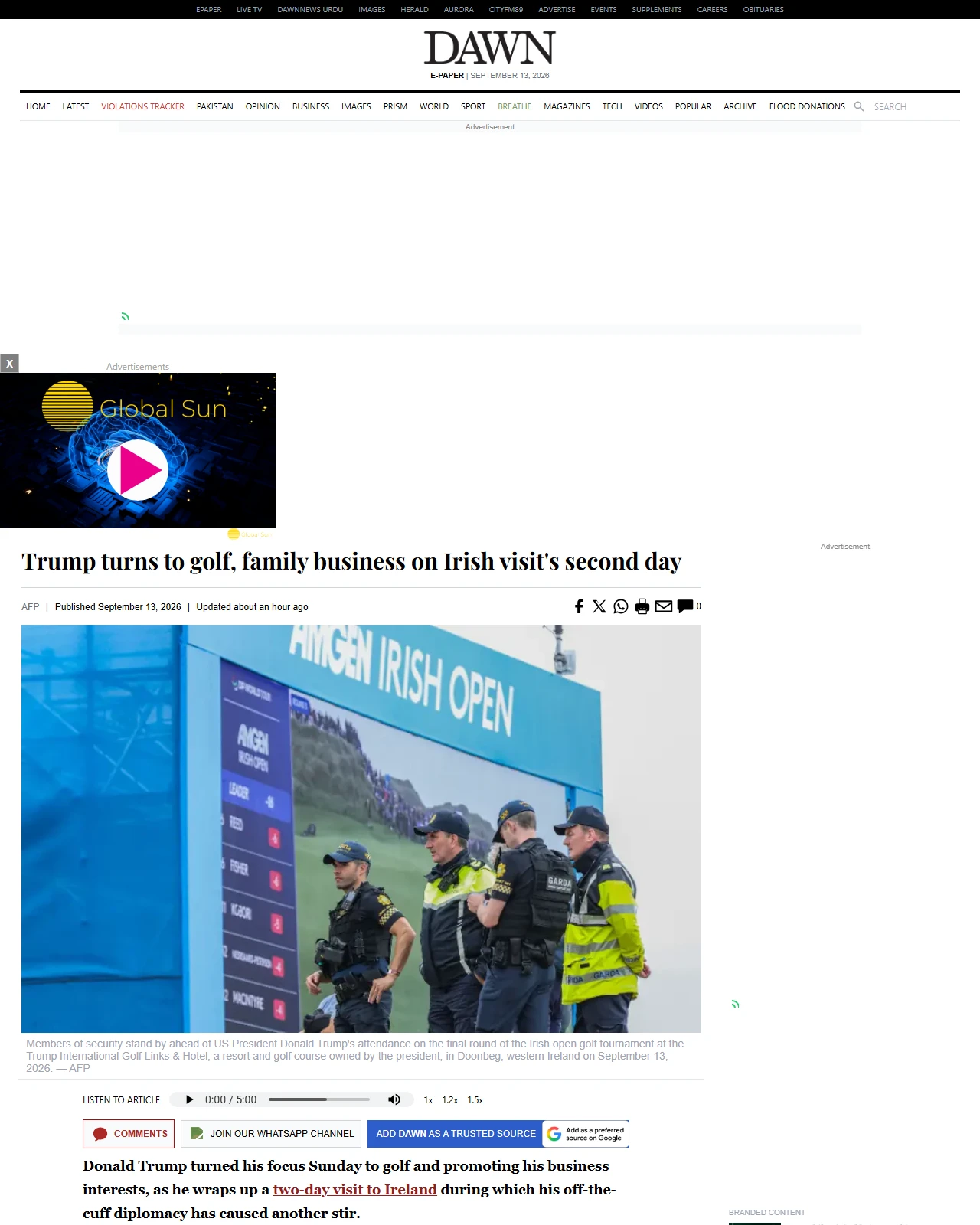 dawn.com as published: Trump turns to golf, family business on Irish visit's second day