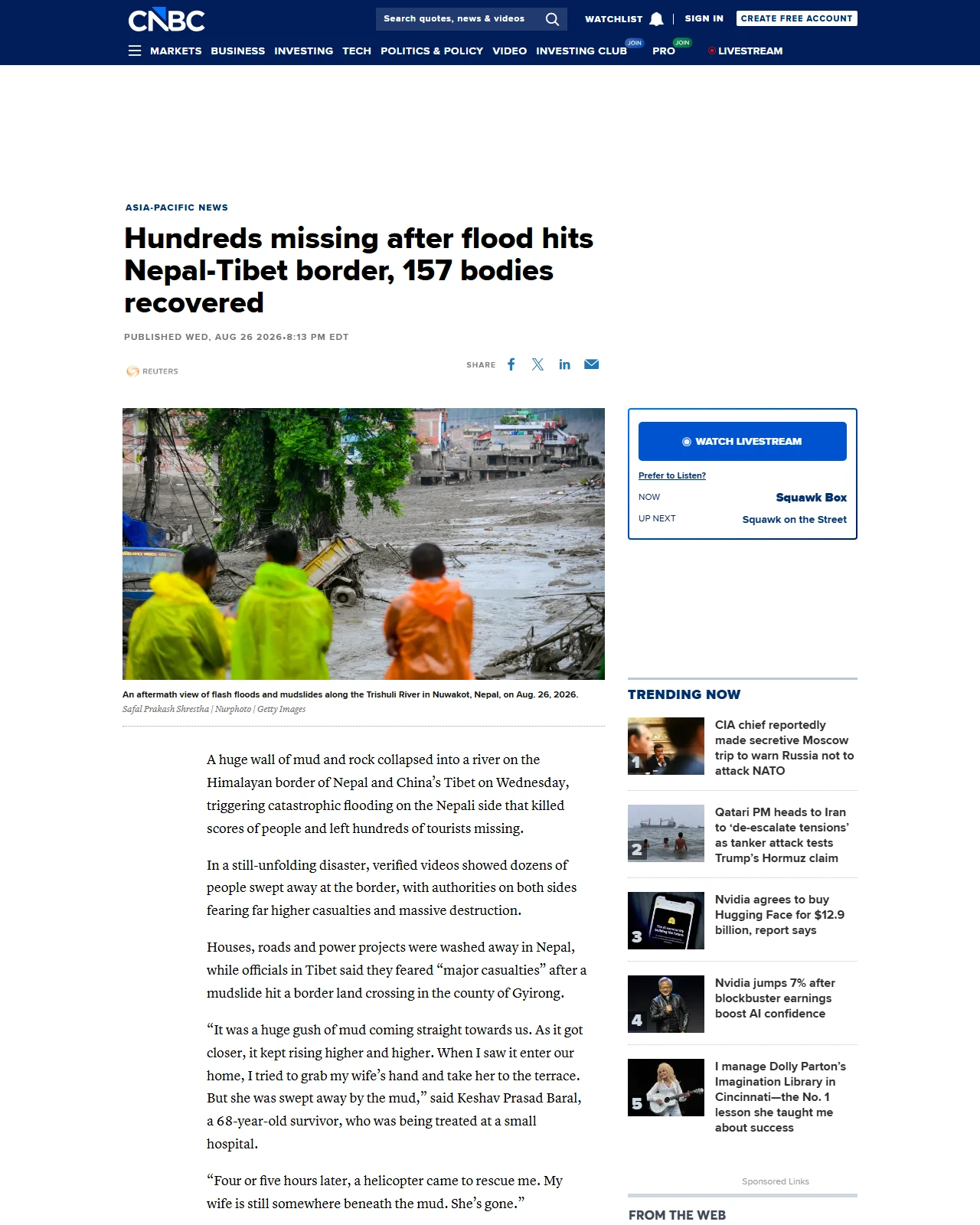 cnbc.com as published: Hundreds missing after flood hits Nepal-Tibet border, 157 bodies recovered