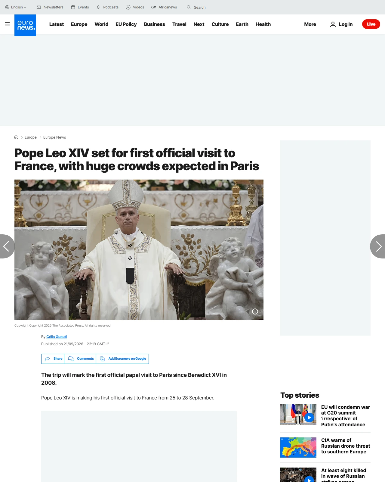 euronews.com as published: Paris gears up for Pope Leo XIV's first official visit to France