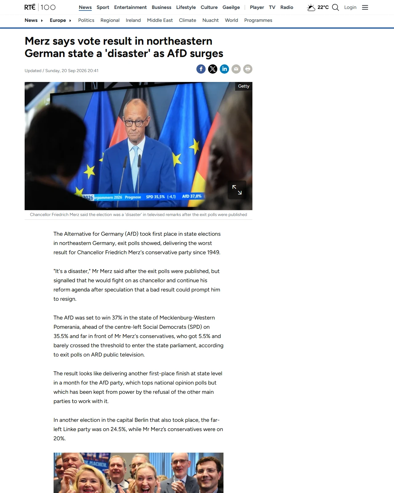 rte.ie as published: Merz laments vote 'disaster' as AfD surges in elections