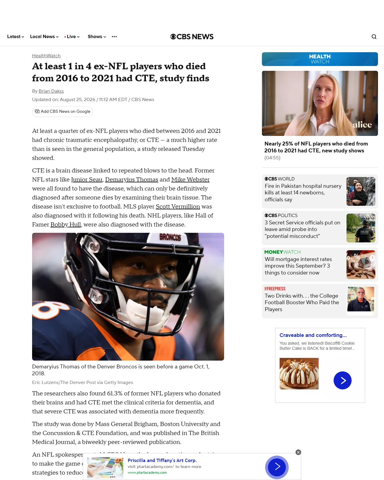 cbsnews.com as published: At least 1 in 4 ex-NFL players who died from 2016 to 2021 had CTE, study finds