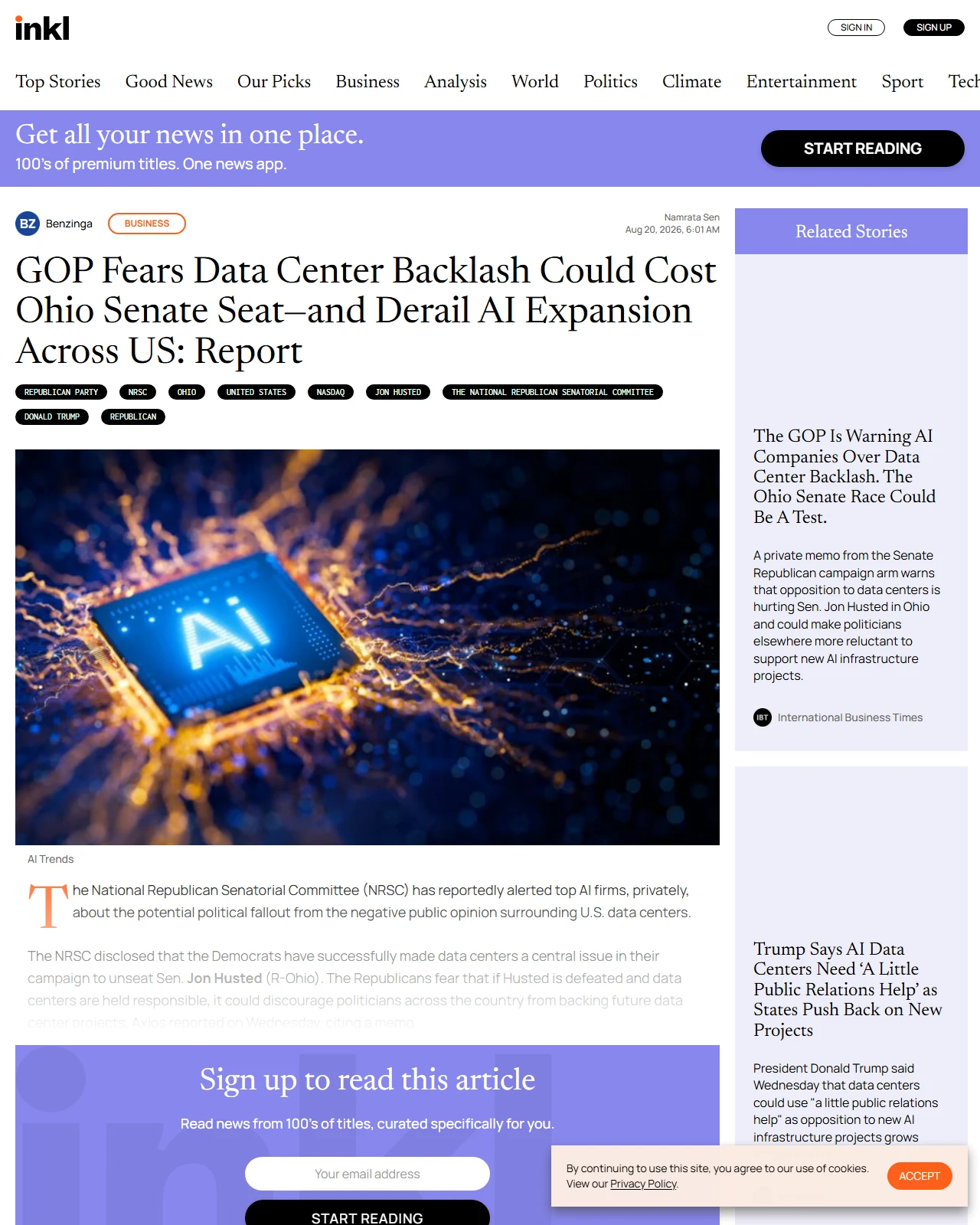 inkl.com as published: GOP Fears Data Center Backlash Could Cost Ohio Senate Seat—and Derail AI Expansion Across US: Report