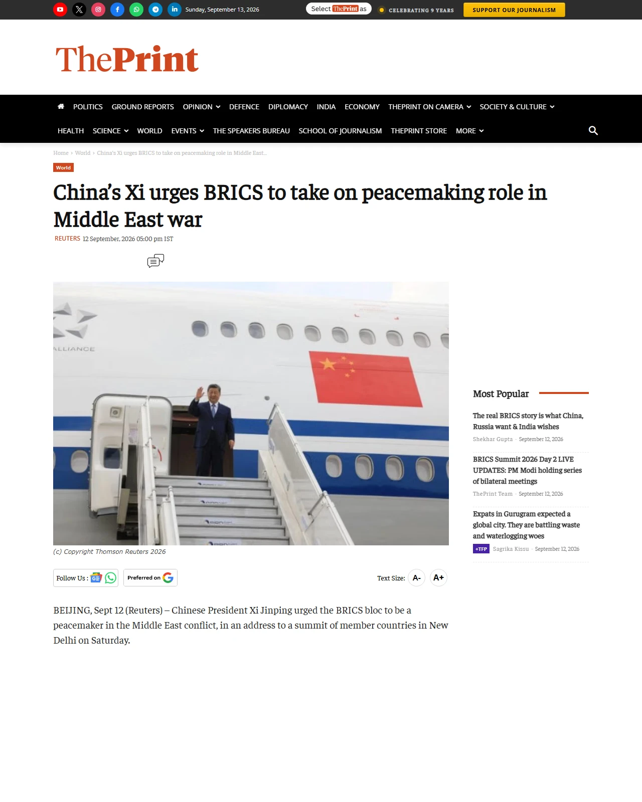 theprint.in as published: China’s Xi urges BRICS to take on peacemaking role in Middle East war