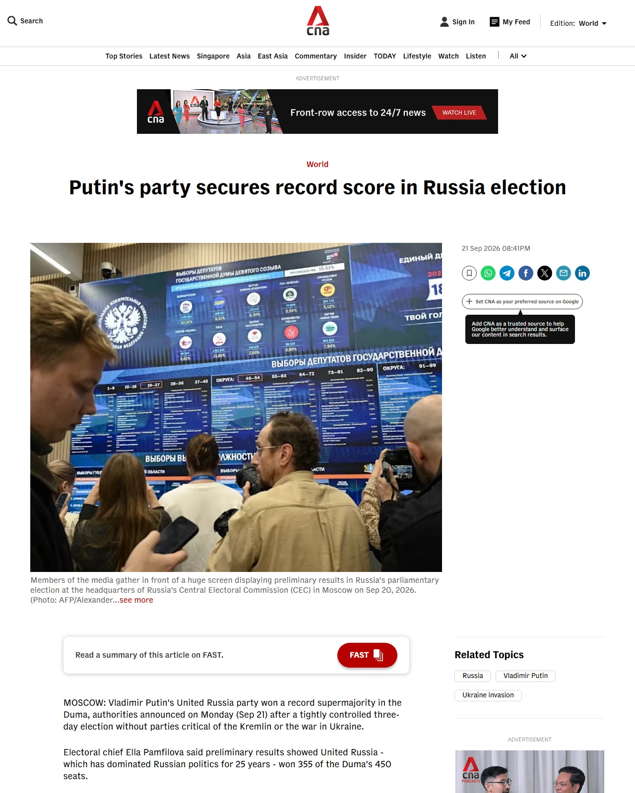 channelnewsasia.com as published: Putin's party secures record score in Russia election