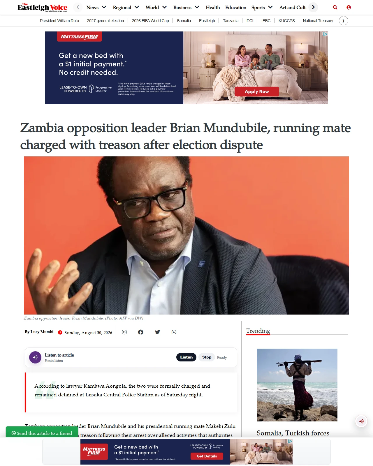 eastleighvoice.co.ke as published: Zambia opposition leader Brian Mundubile, running mate charged with treason after election dispute