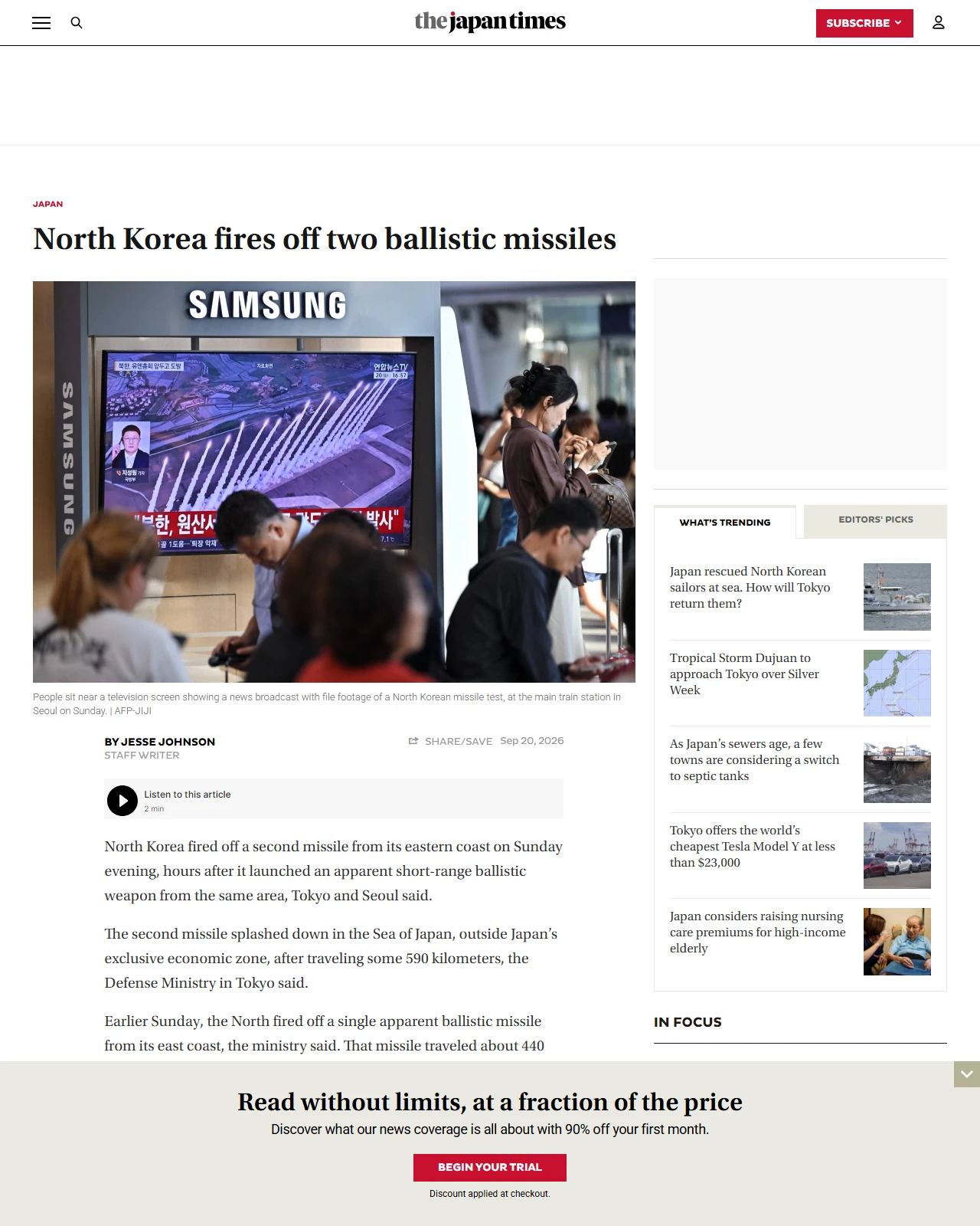 japantimes.co.jp as published: North Korea fires off two ballistic missiles