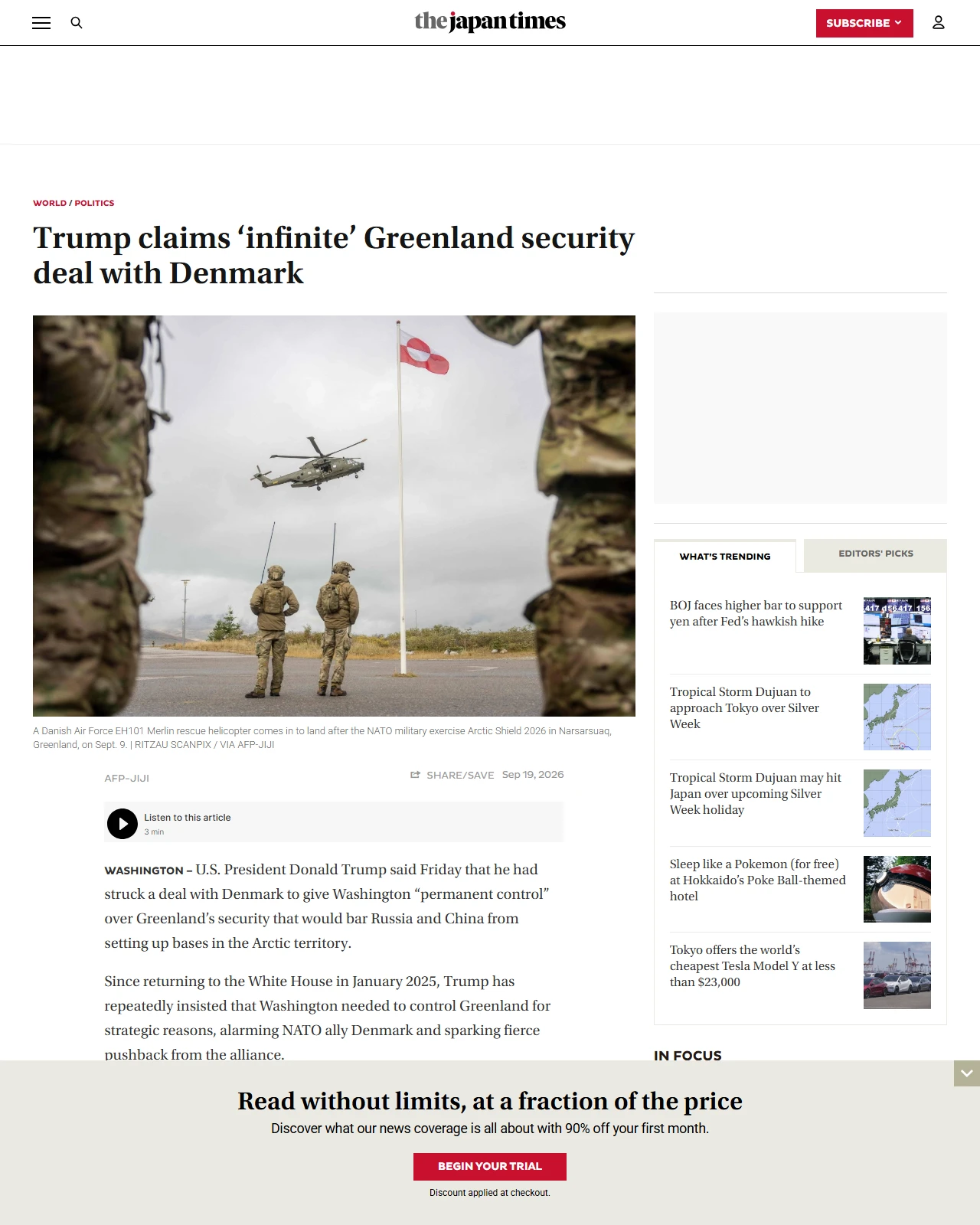 japantimes.co.jp as published: Trump claims ‘infinite’ Greenland security deal with Denmark
