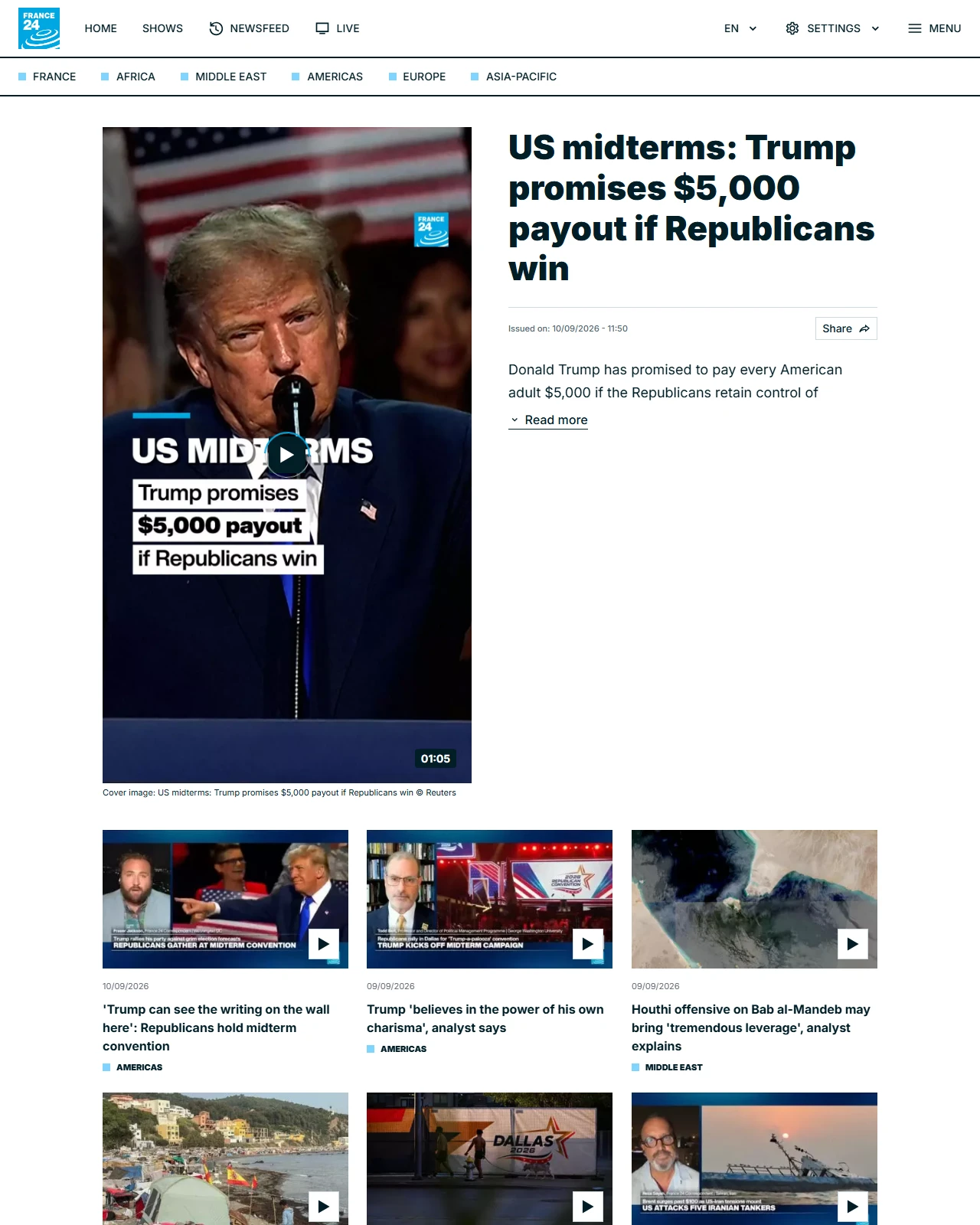 france24.com as published: US midterms: Trump promises $5,000 payout if Republicans win