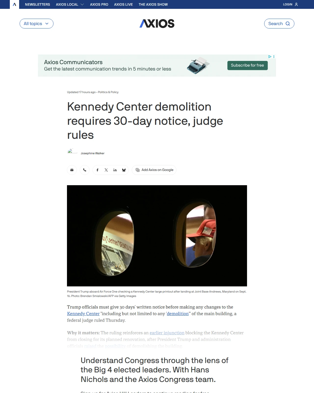 axios.com as published: Judge steps in as Kennedy Center demolition fears grow