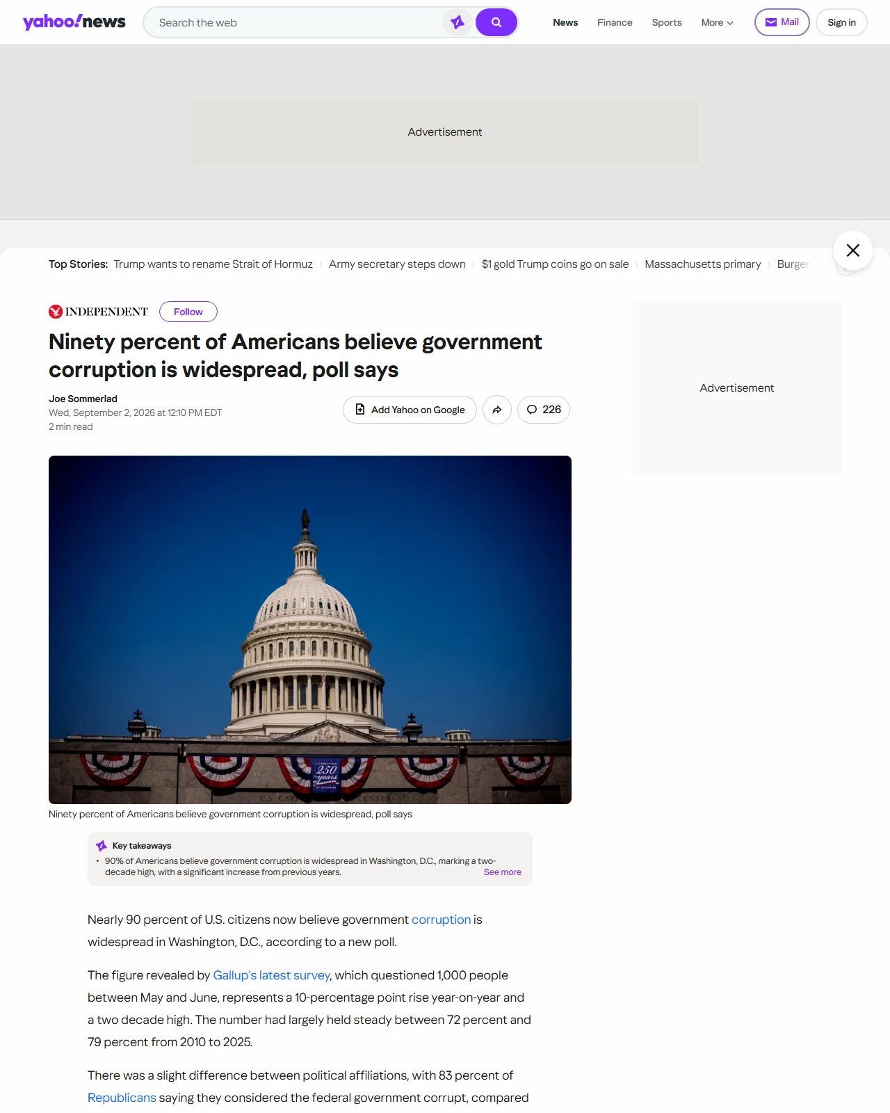 yahoo.com as published: Ninety percent of Americans believe government corruption is widespread, poll says