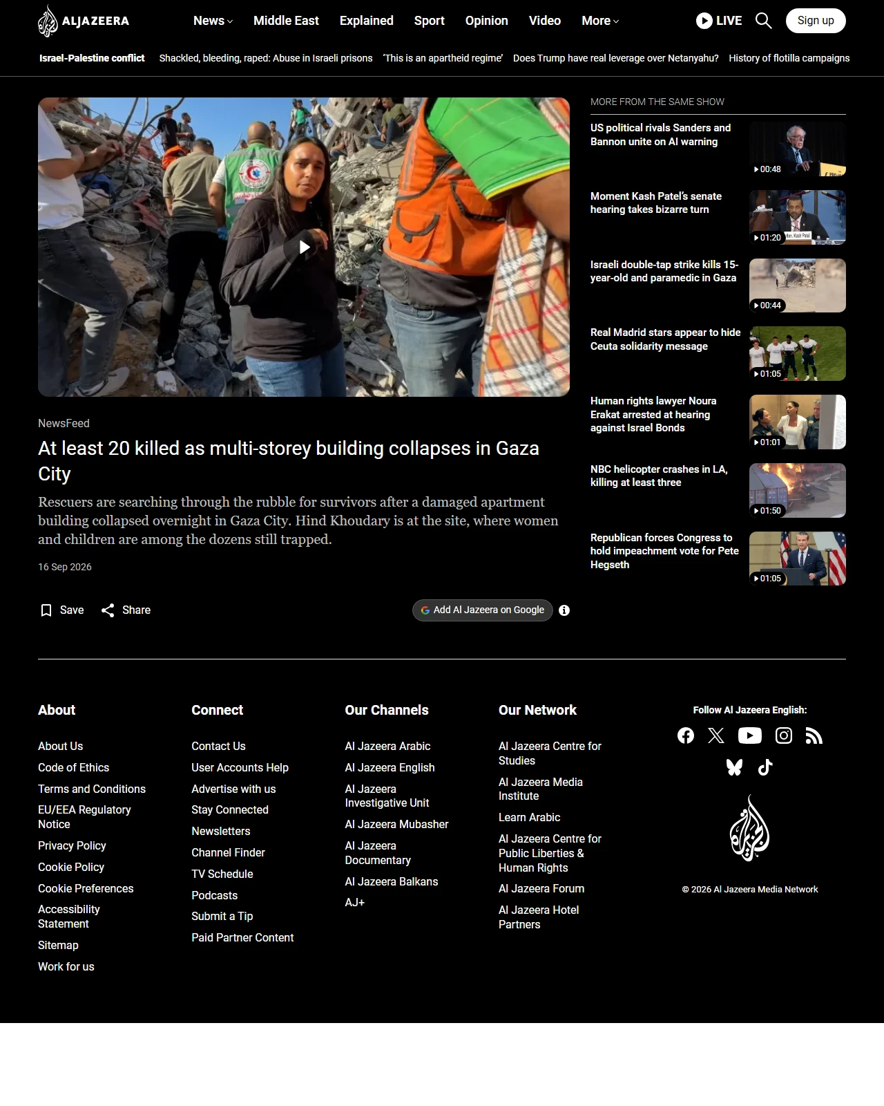 aljazeera.com as published: At least 20 killed as multi-storey building collapses in Gaza City