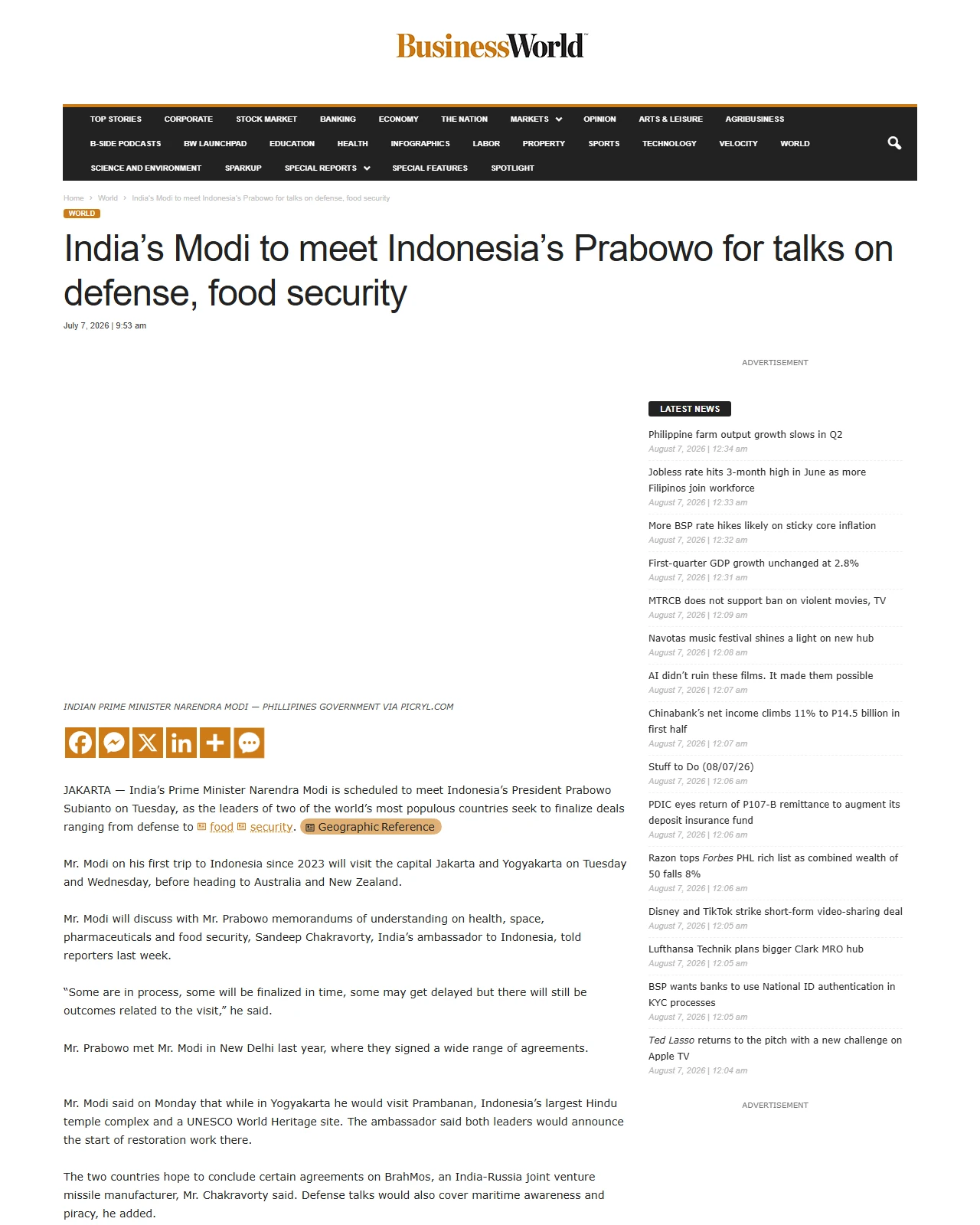 bworldonline.com as published: India’s Modi to meet Indonesia’s Prabowo for talks on defense, food security