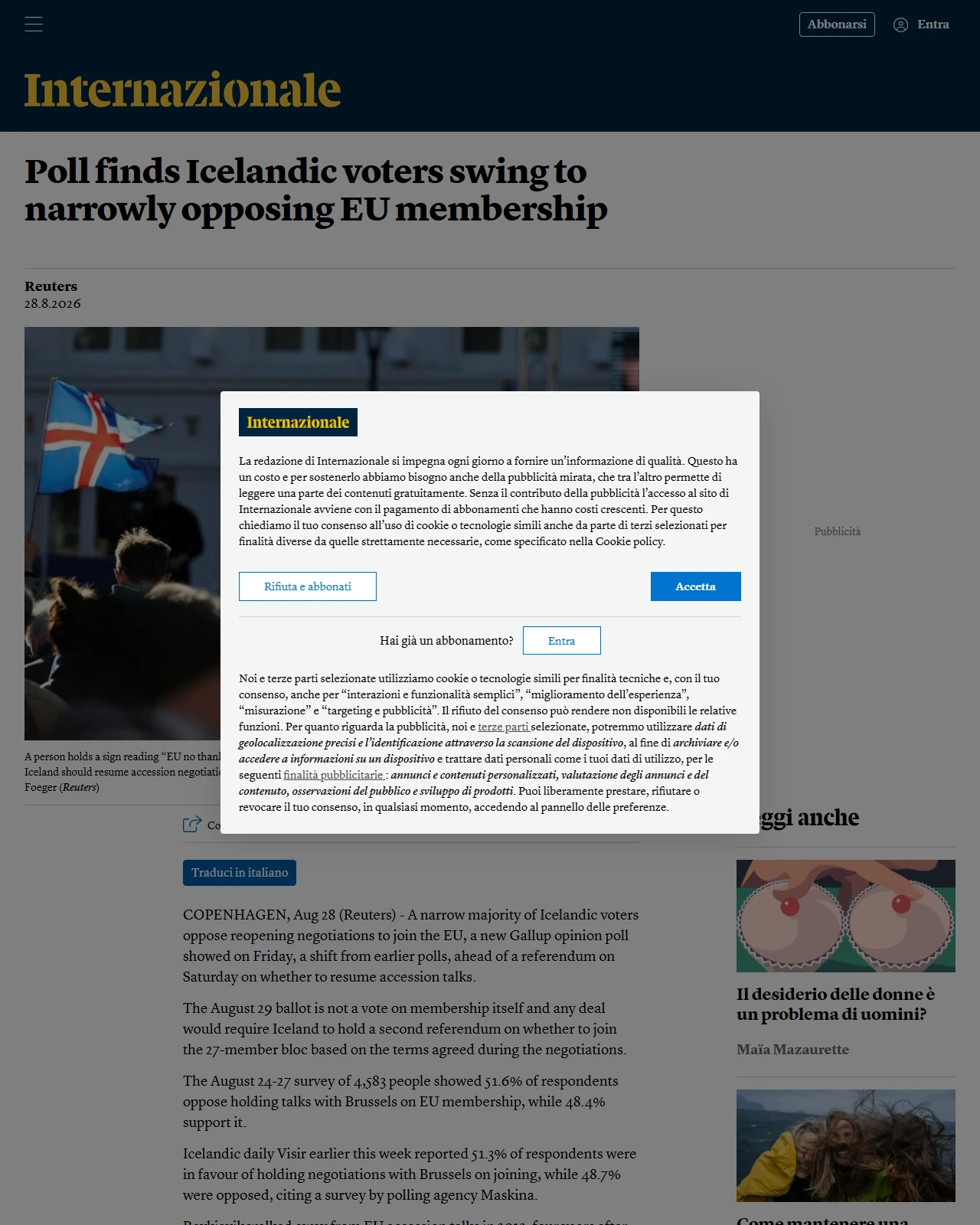 internazionale.it as published: Poll finds Icelandic voters swing to narrowly opposing EU membership