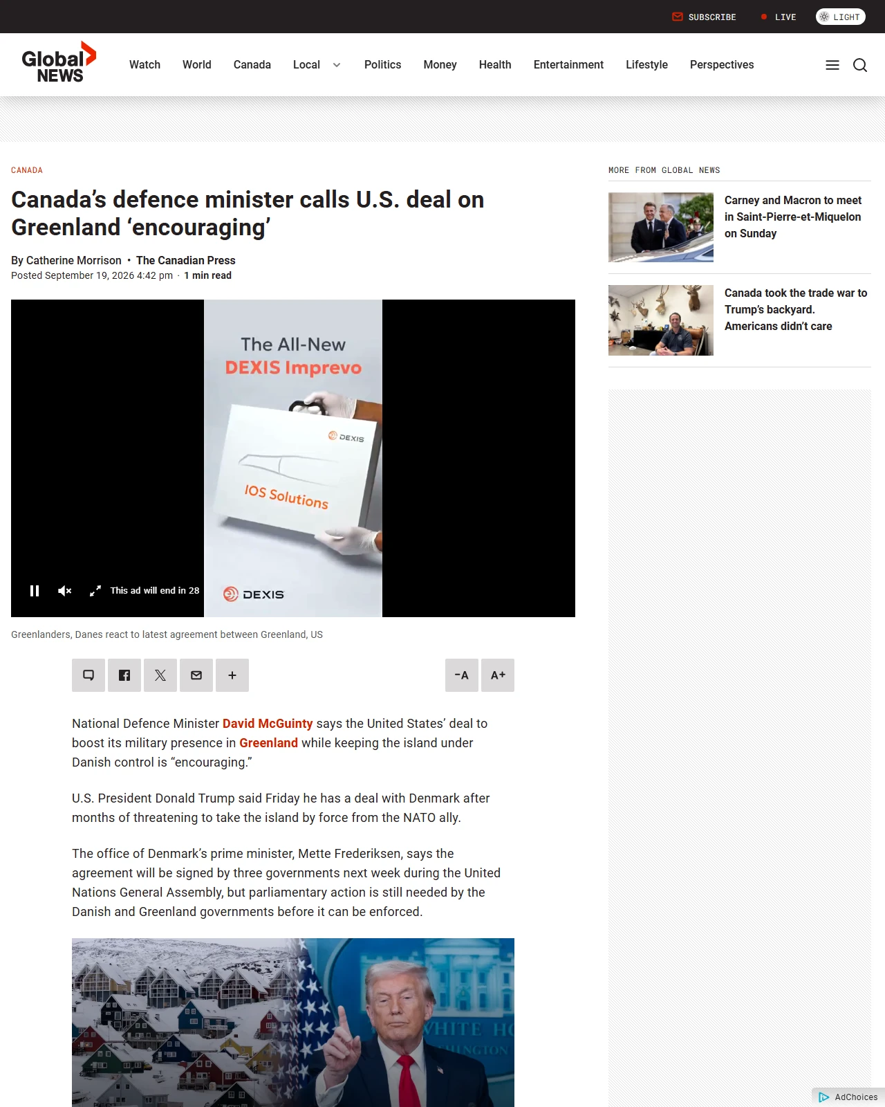 globalnews.ca as published: Canada’s defence minister calls U.S. deal on Greenland ‘encouraging’