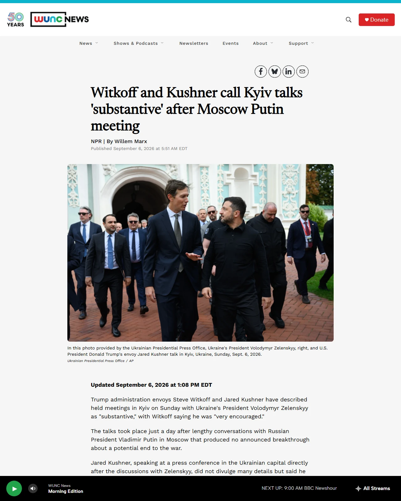 wunc.org as published: U.S. envoys Witkoff and Kushner land for talks in Kyiv after meeting Putin in Moscow