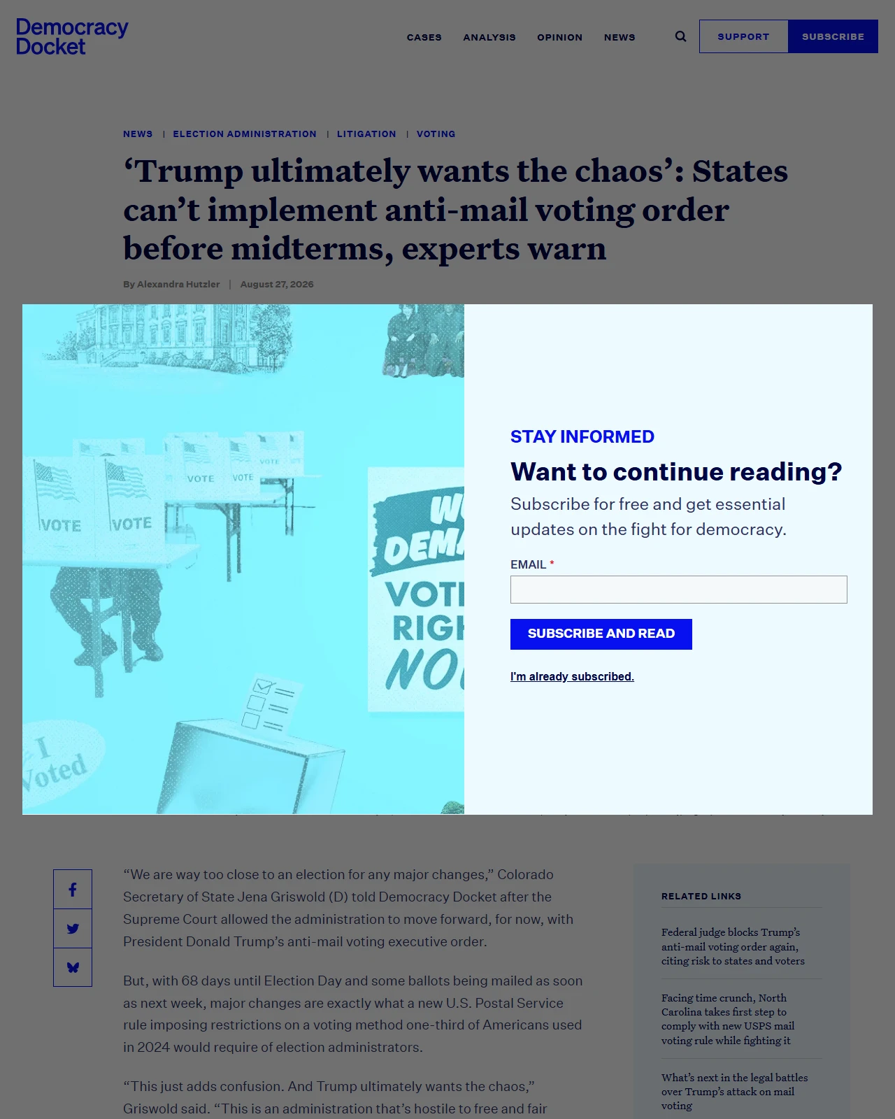 democracydocket.com as published: ‘Trump ultimately wants the chaos’: States can’t implement anti-mail voting order before midterms, experts warn