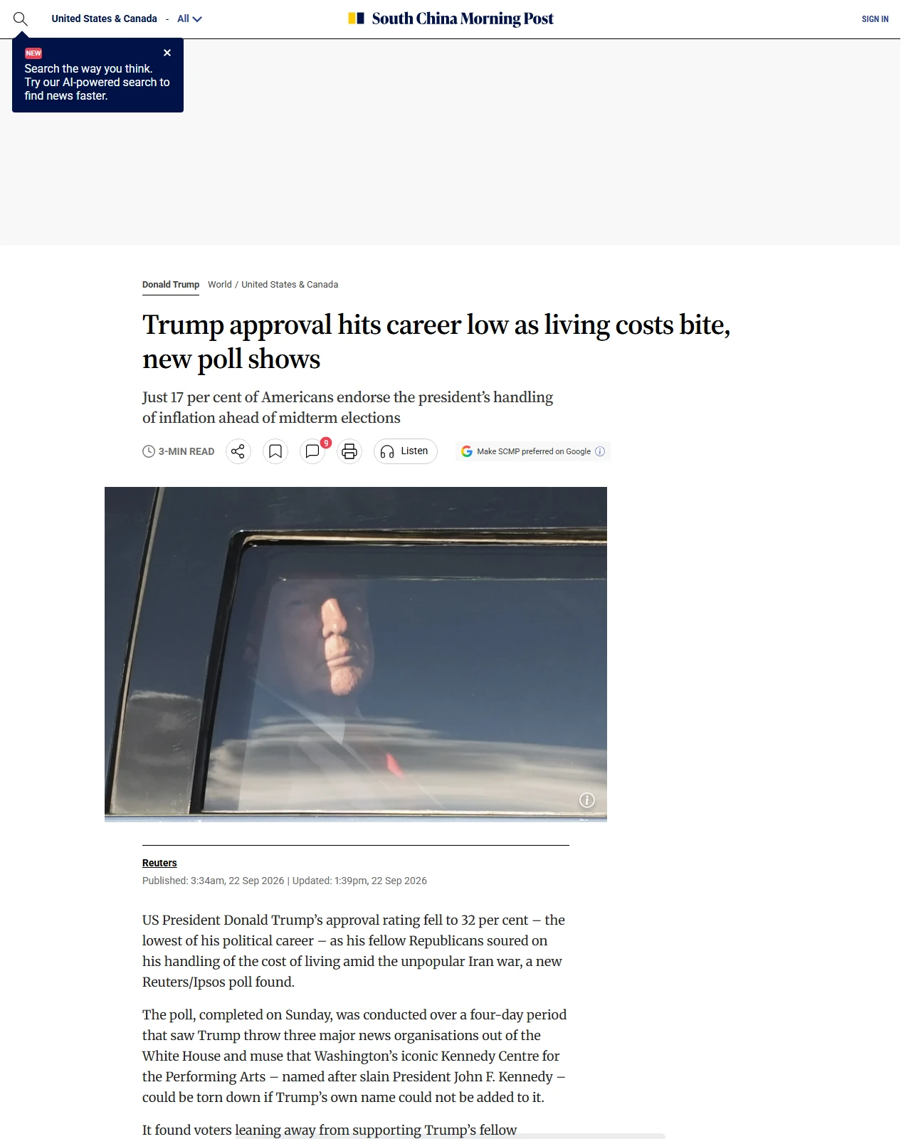 scmp.com as published: Trump approval hits career low as living costs bite, new poll shows