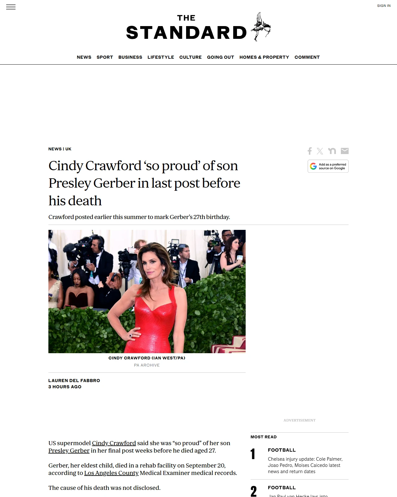 standard.co.uk as published: Cindy Crawford ‘so proud’ of son Presley Gerber in last post before his death