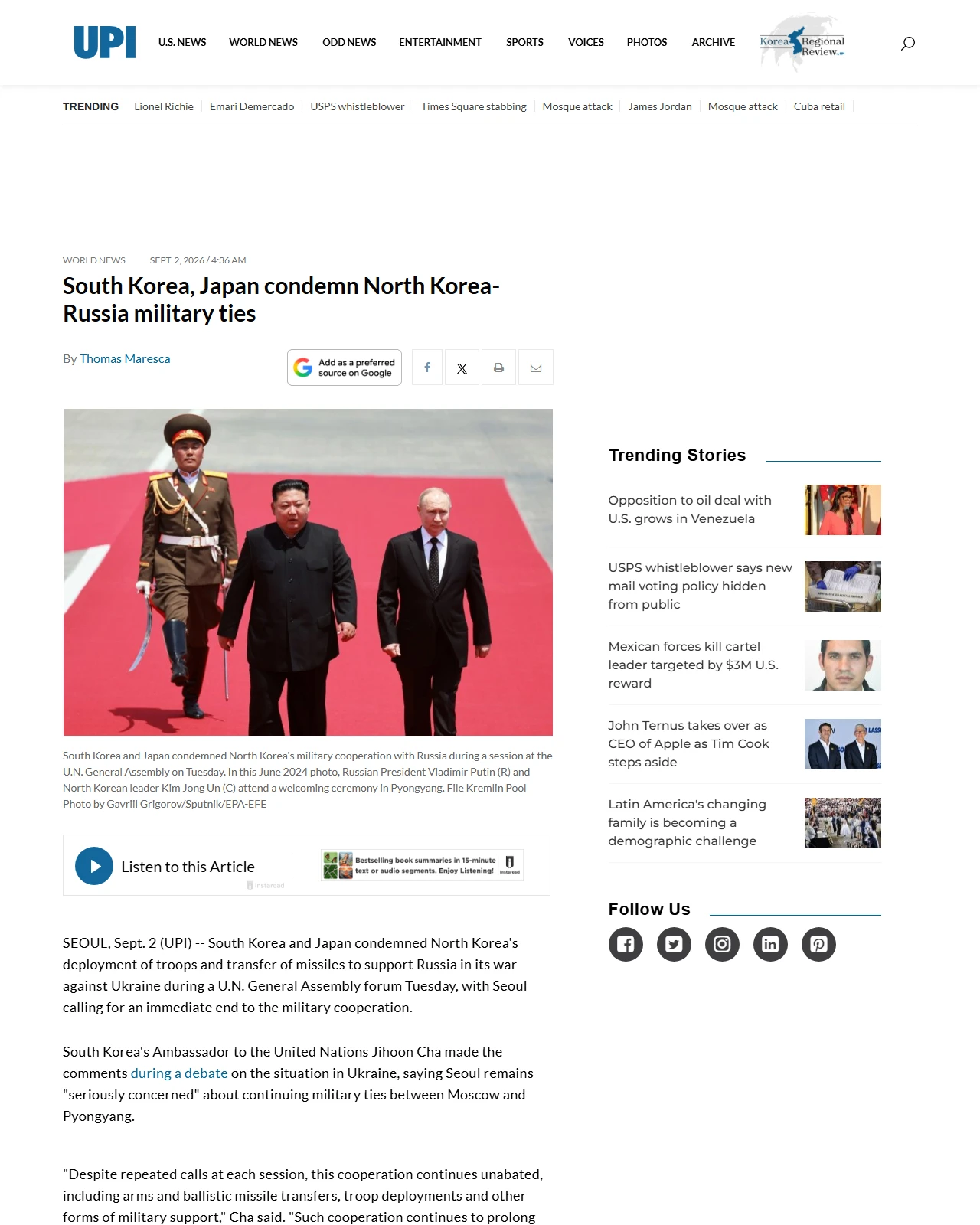 upi.com as published: South Korea, Japan condemn North Korea-Russia military ties