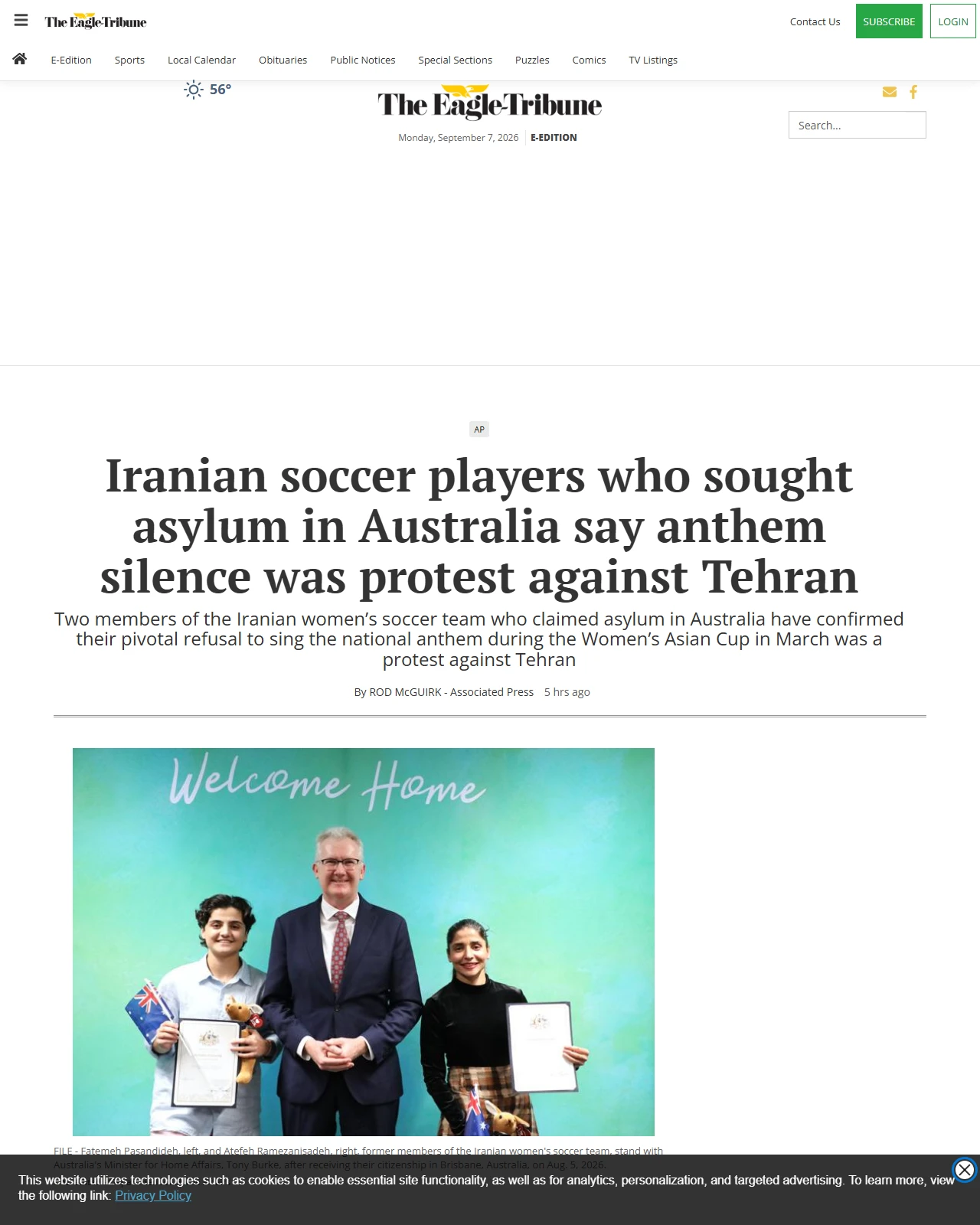 eagletribune.com as published: Iranian soccer players who sought asylum in Australia say anthem silence was protest against Tehran - Eagle-Tribune