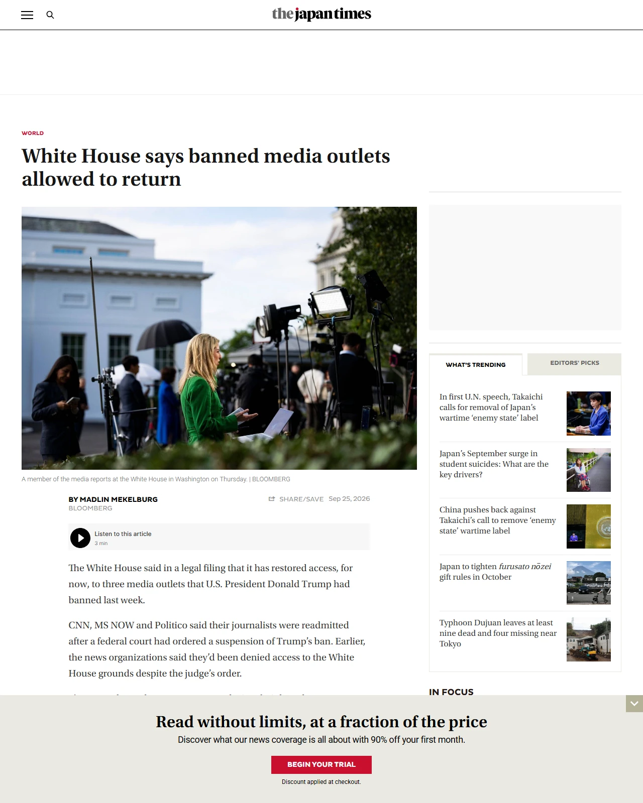 japantimes.co.jp as published: White House says banned media outlets allowed to return