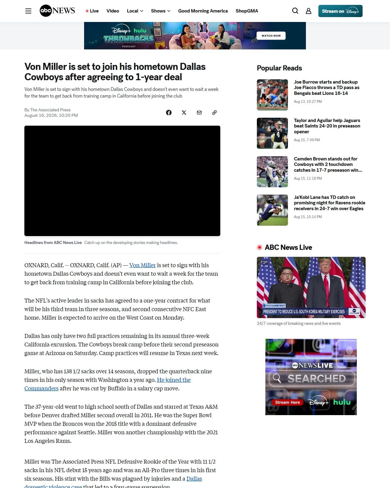 abcnews.com as published: Von Miller is set to join his hometown Dallas Cowboys after agreeing to 1-year deal - ABC News