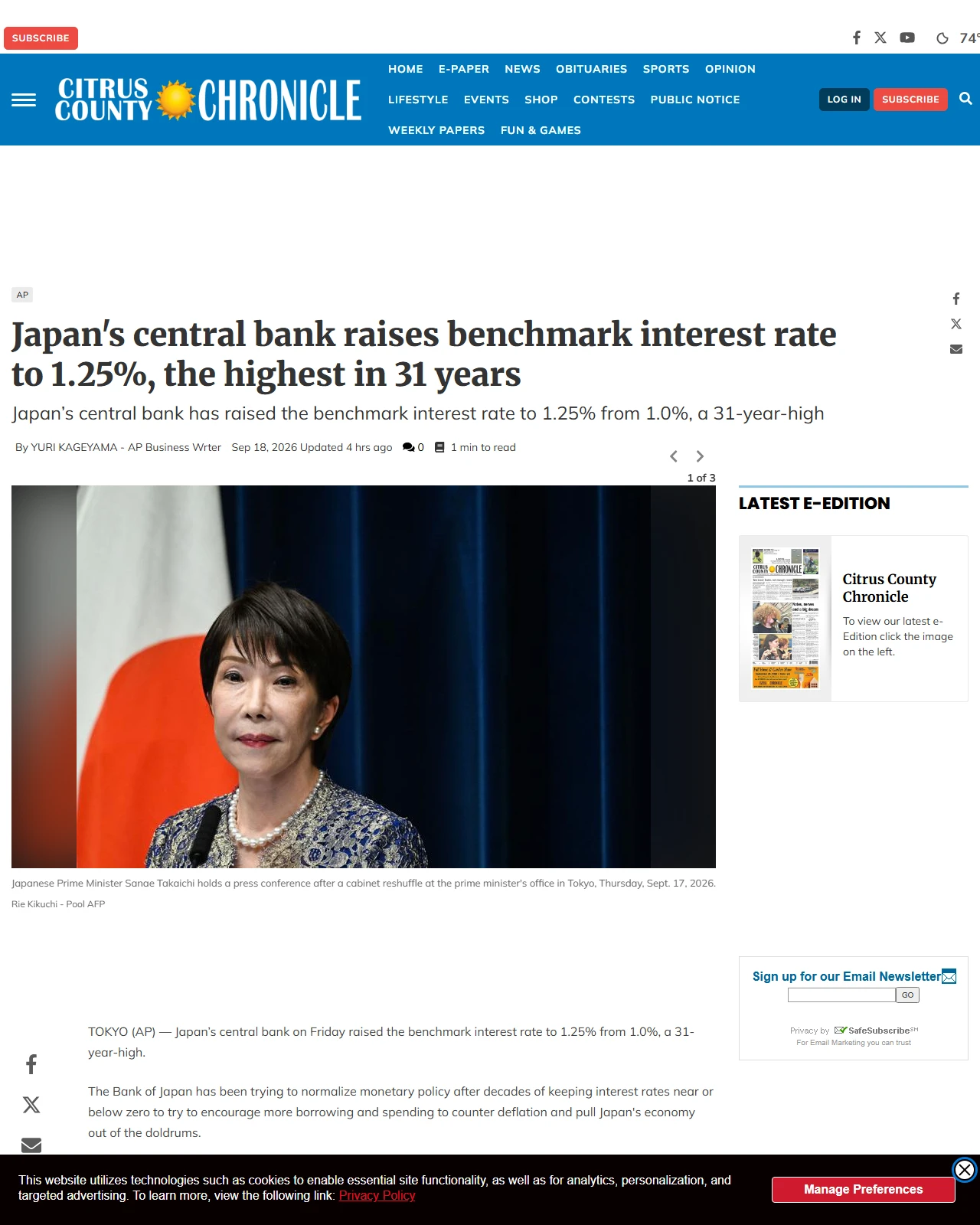 chronicleonline.com as published: Japan's central bank raises benchmark interest rate to 1.25%, the highest in 31 years