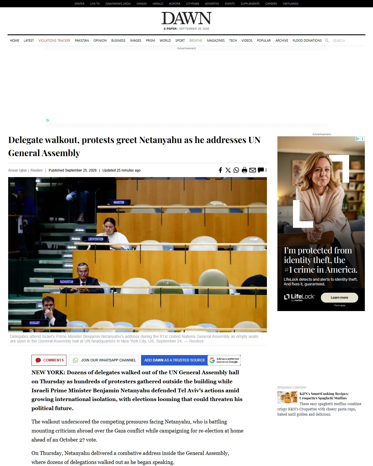 dawn.com as published: Delegate walkout, protests greet Netanyahu as he addresses UN General Assembly