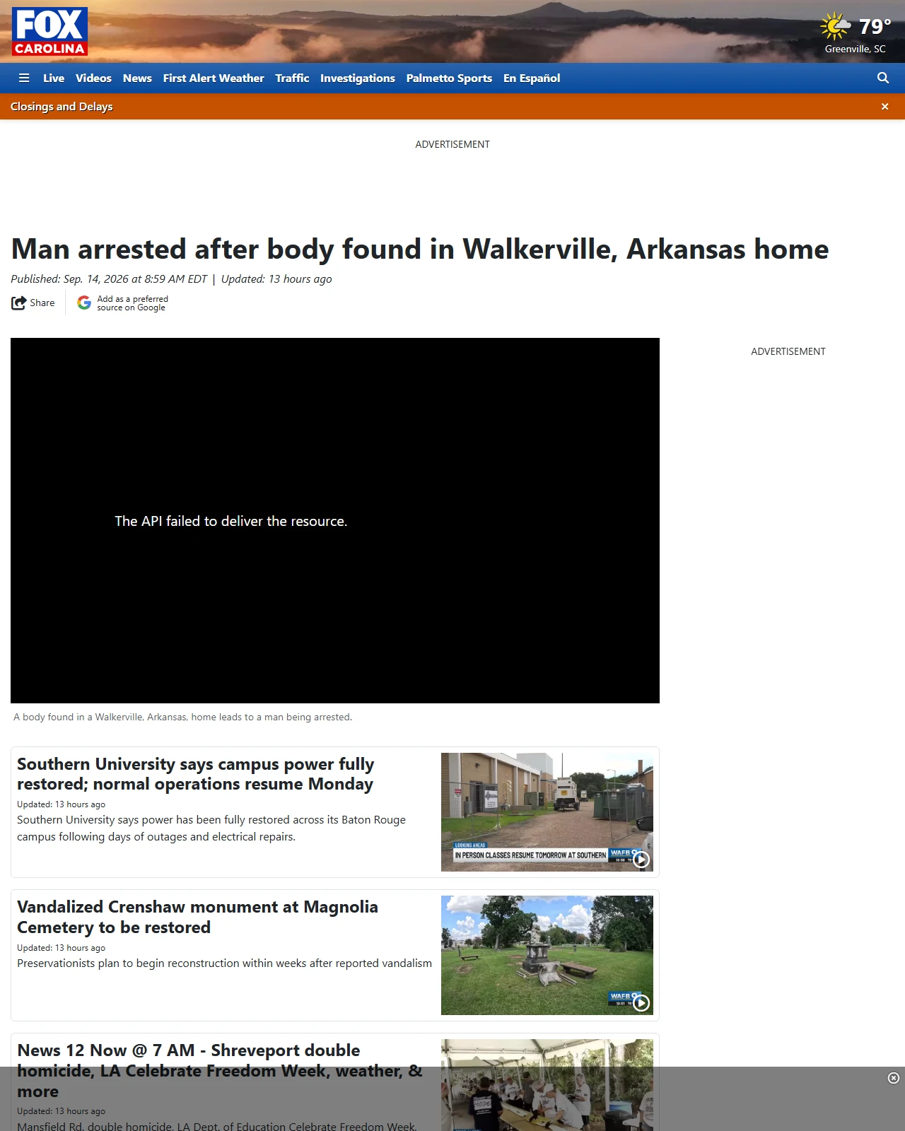 foxcarolina.com as published: Man arrested after body found in Walkerville, Arkansas home
