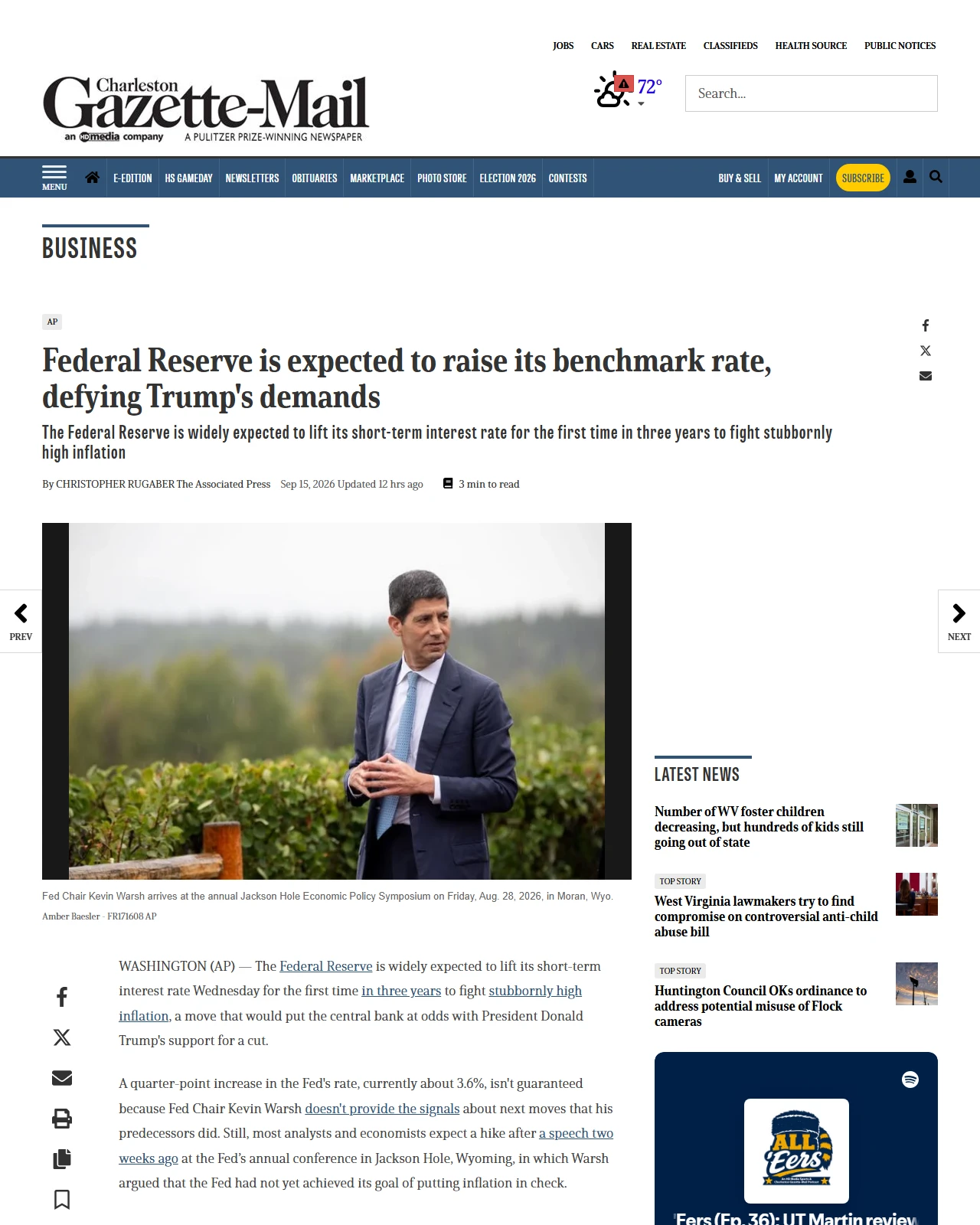 wvgazettemail.com as published: Federal Reserve is expected to raise its benchmark rate, defying Trump's demands - Charleston Gazette-Mail