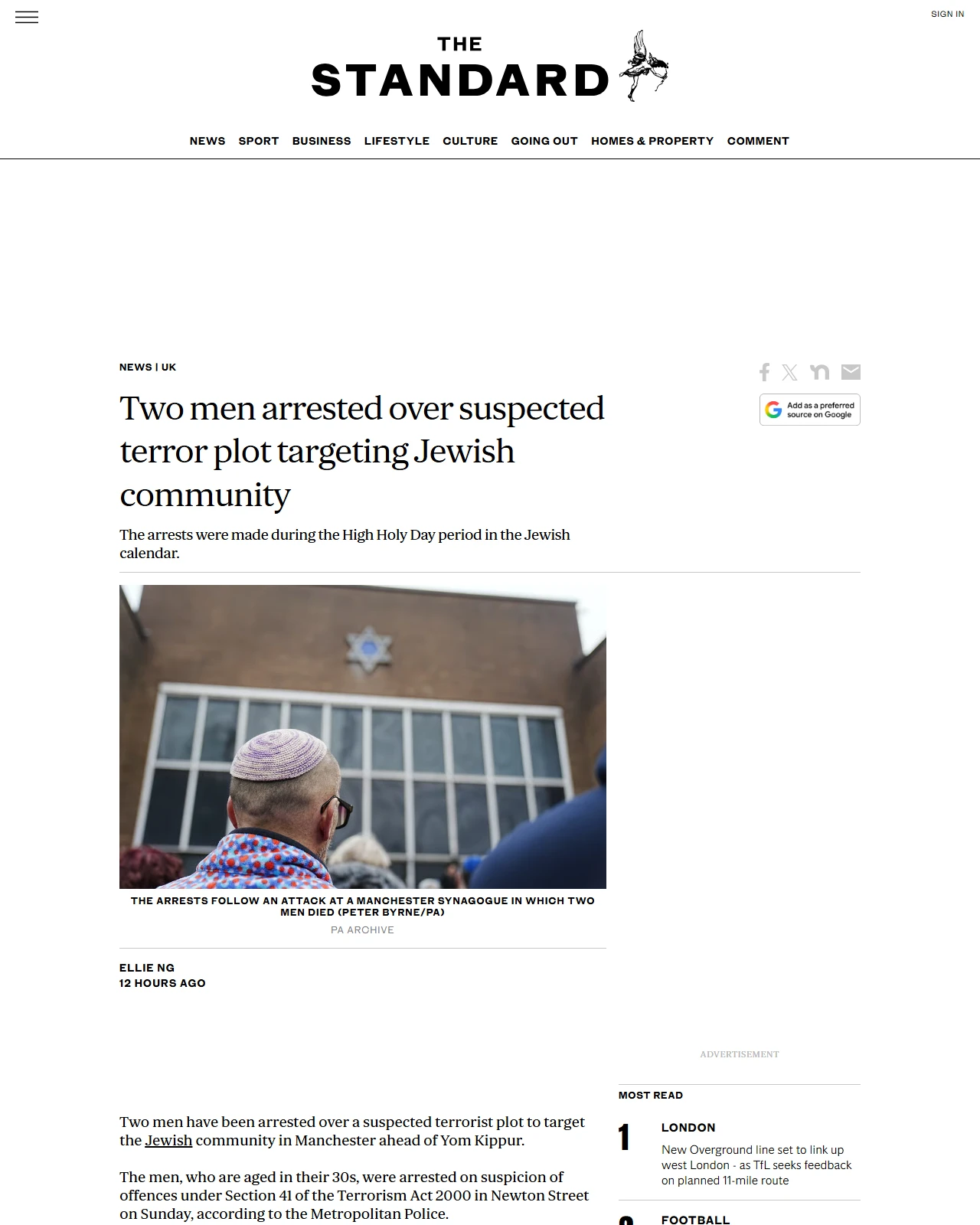 standard.co.uk as published: Two men arrested over suspected terror plot targeting Jewish community