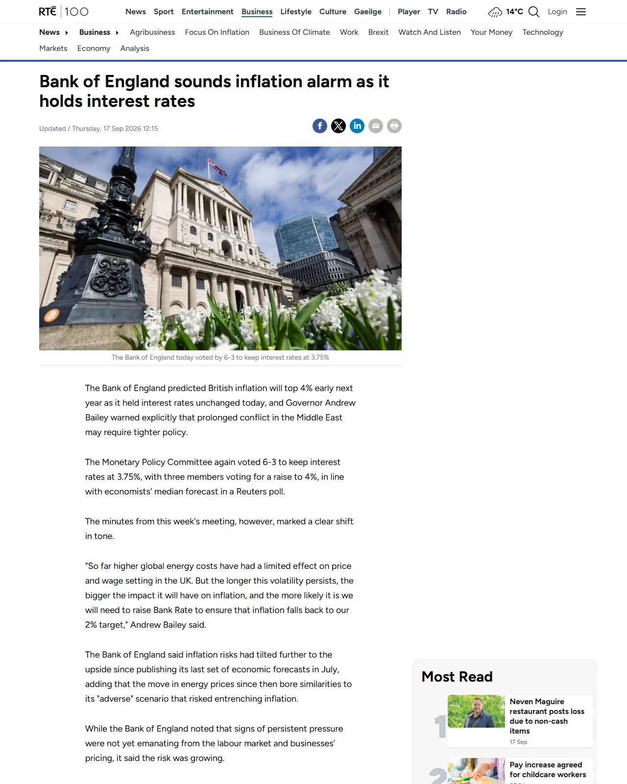 rte.ie as published: Bank of England sounds inflation alarm as it holds rates