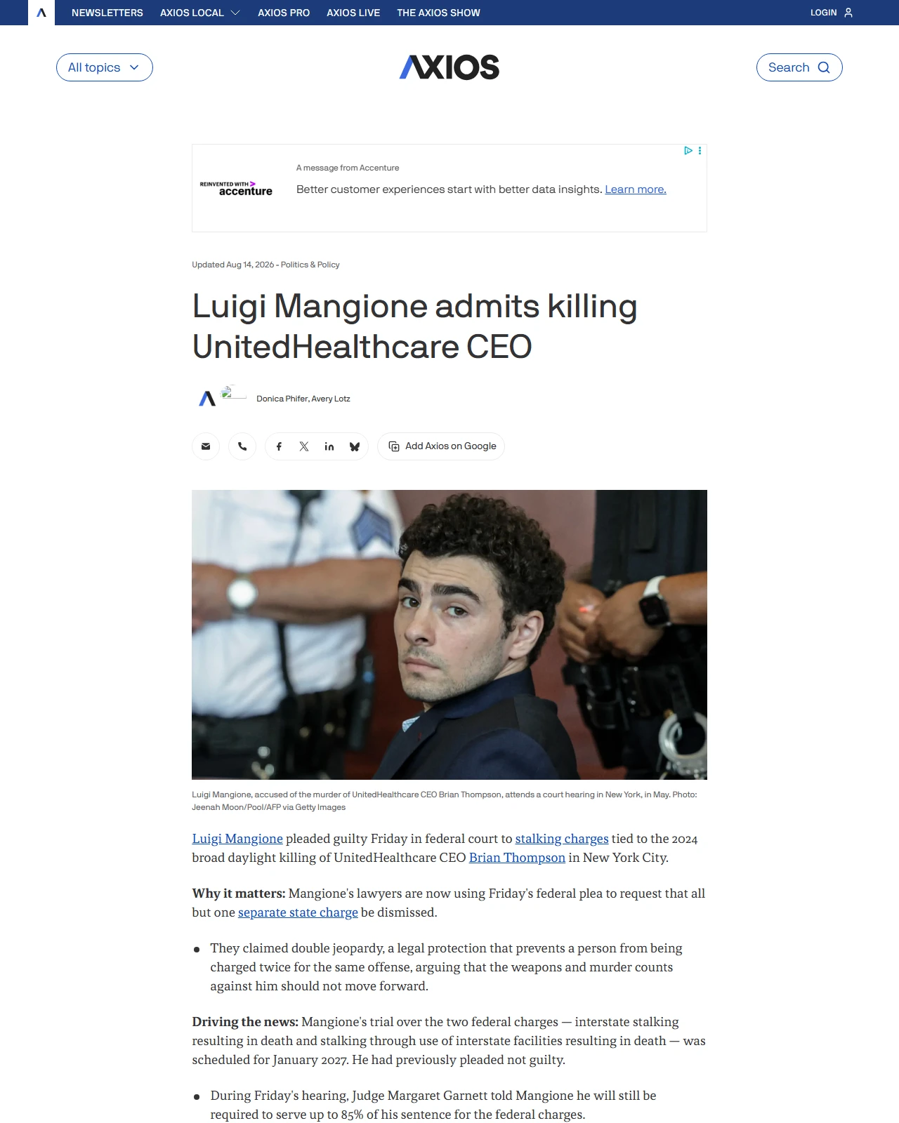 axios.com as published: Luigi Mangione pleads guilty to stalking UnitedHealthcare CEO, admits killing him