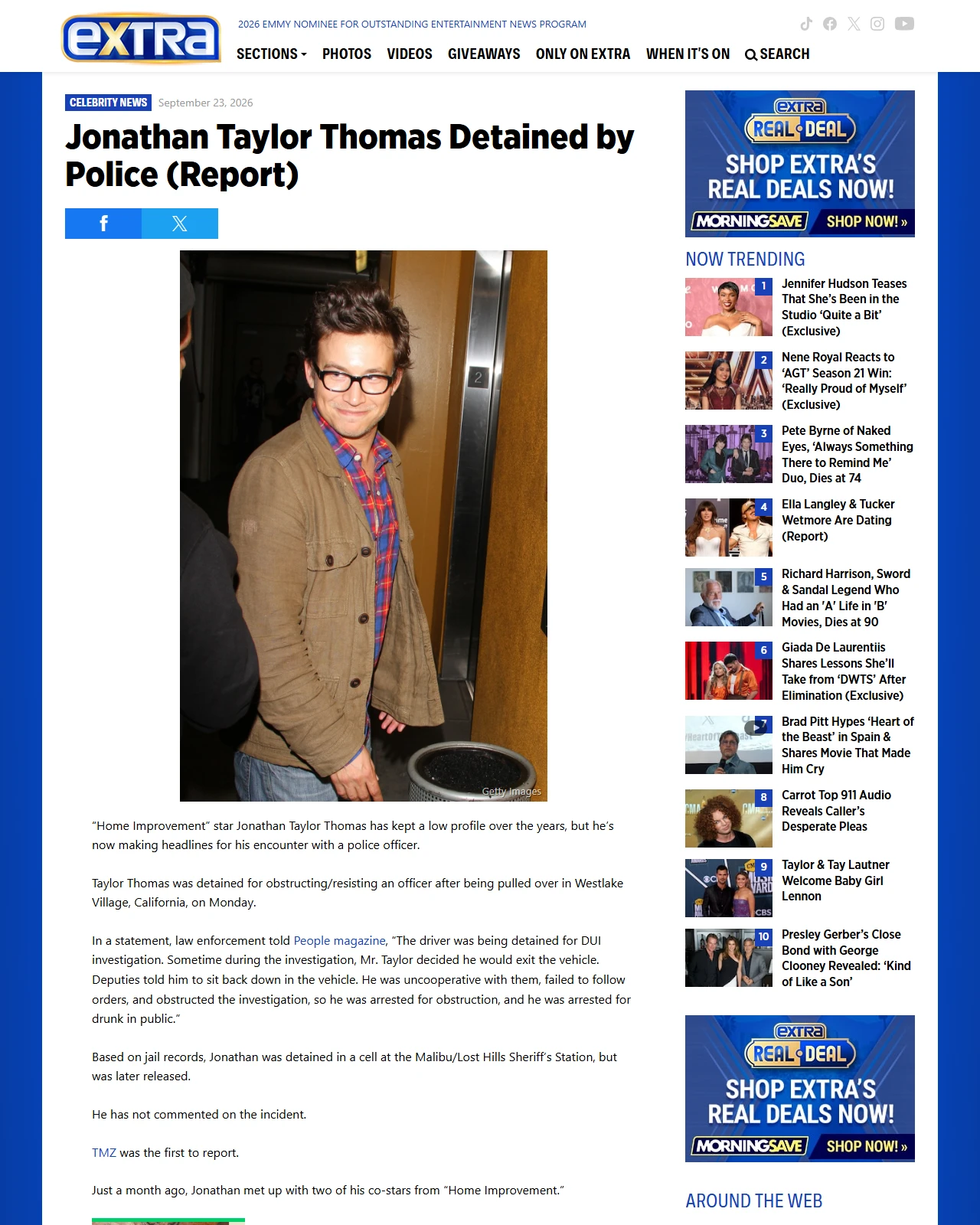 extratv.com as published: Jonathan Taylor Thomas Detained by Police (Report)