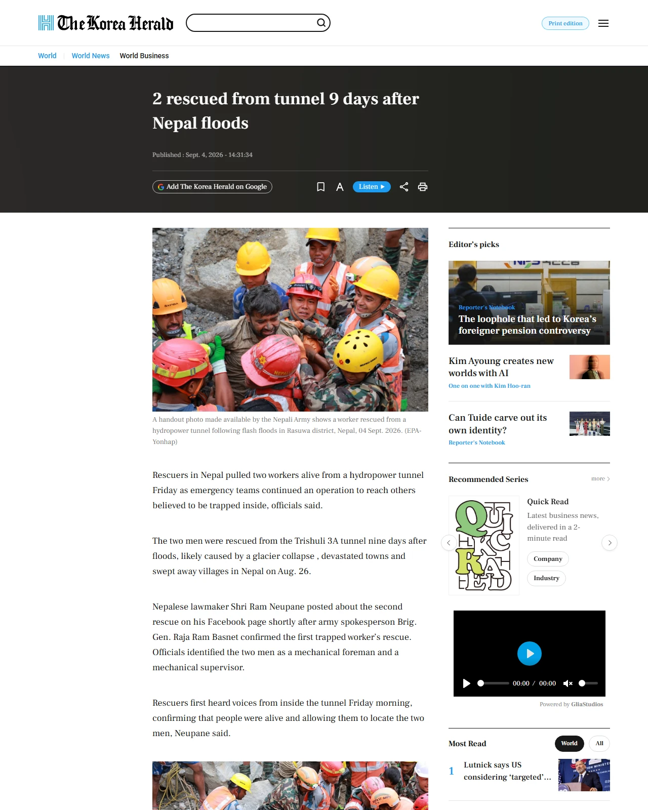 koreaherald.com as published: 2 rescued from tunnel 9 days after Nepal floods