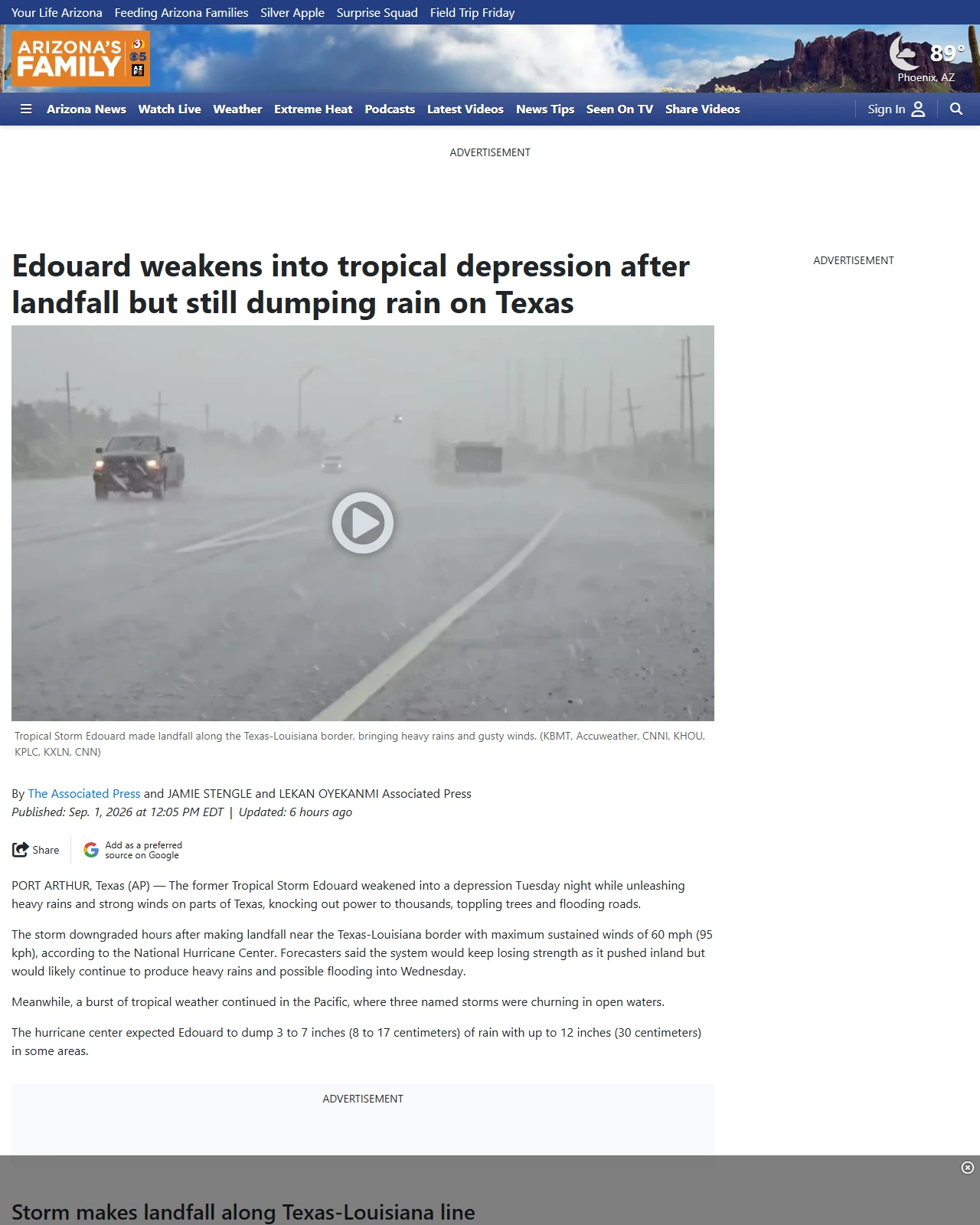 azfamily.com as published: Tropical depression unleashes heavy rain in parts of Texas, knocking out power to thousands