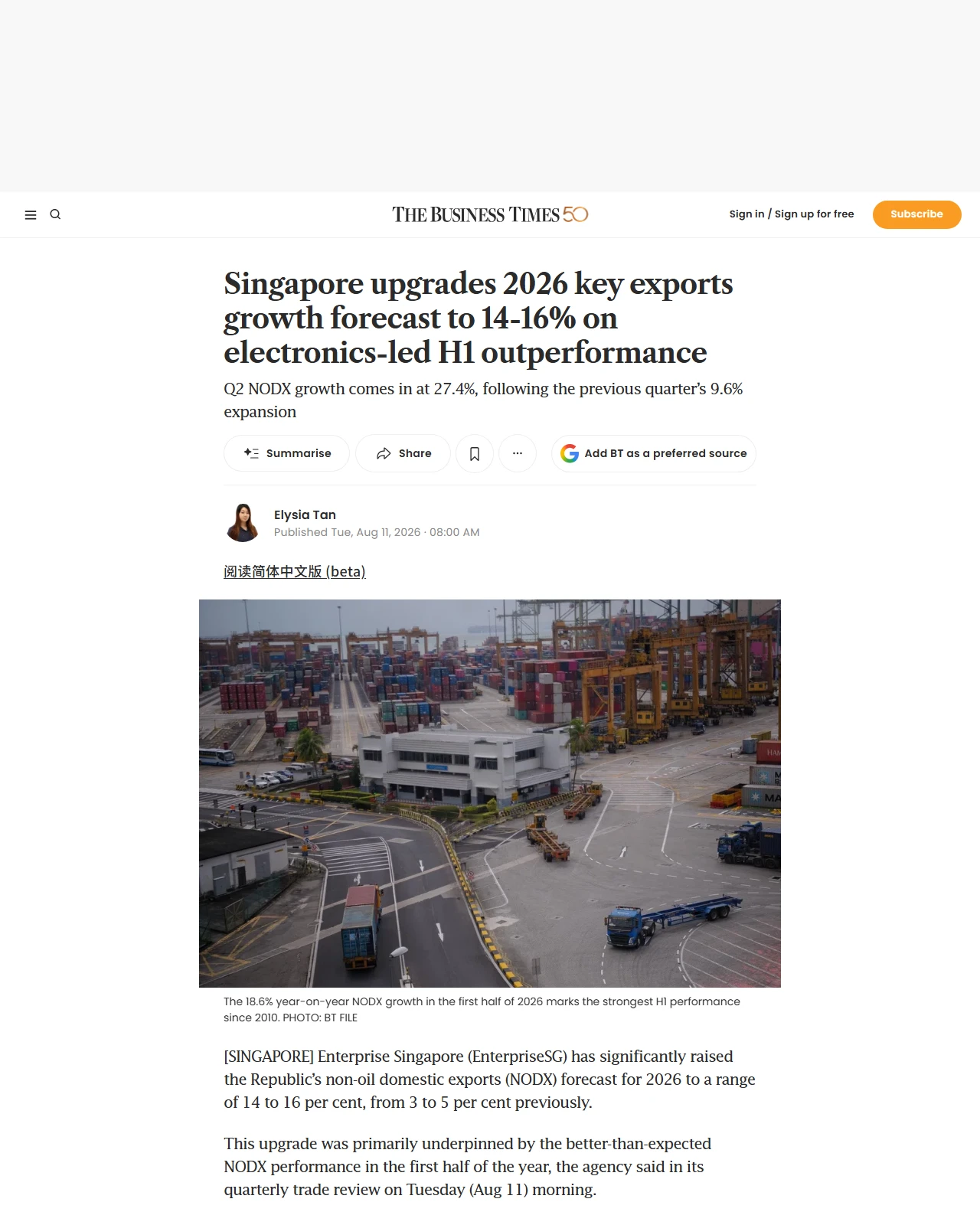 businesstimes.com.sg as published: Singapore upgrades 2026 key exports growth forecast to 14-16% on electronics-led H1 outperformance