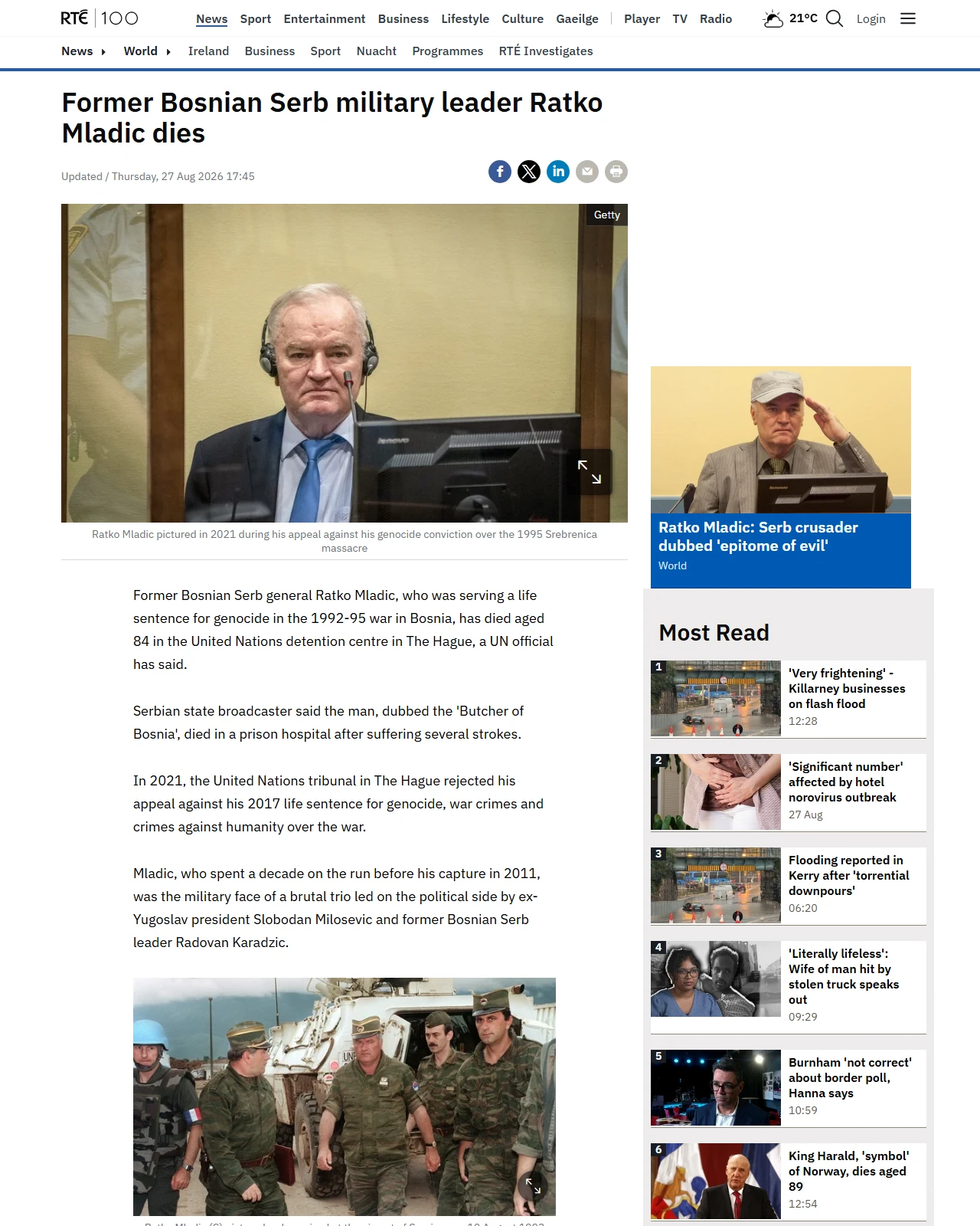 rte.ie as published: Ex-Bosnian Serb military leader Ratko Mladic dies