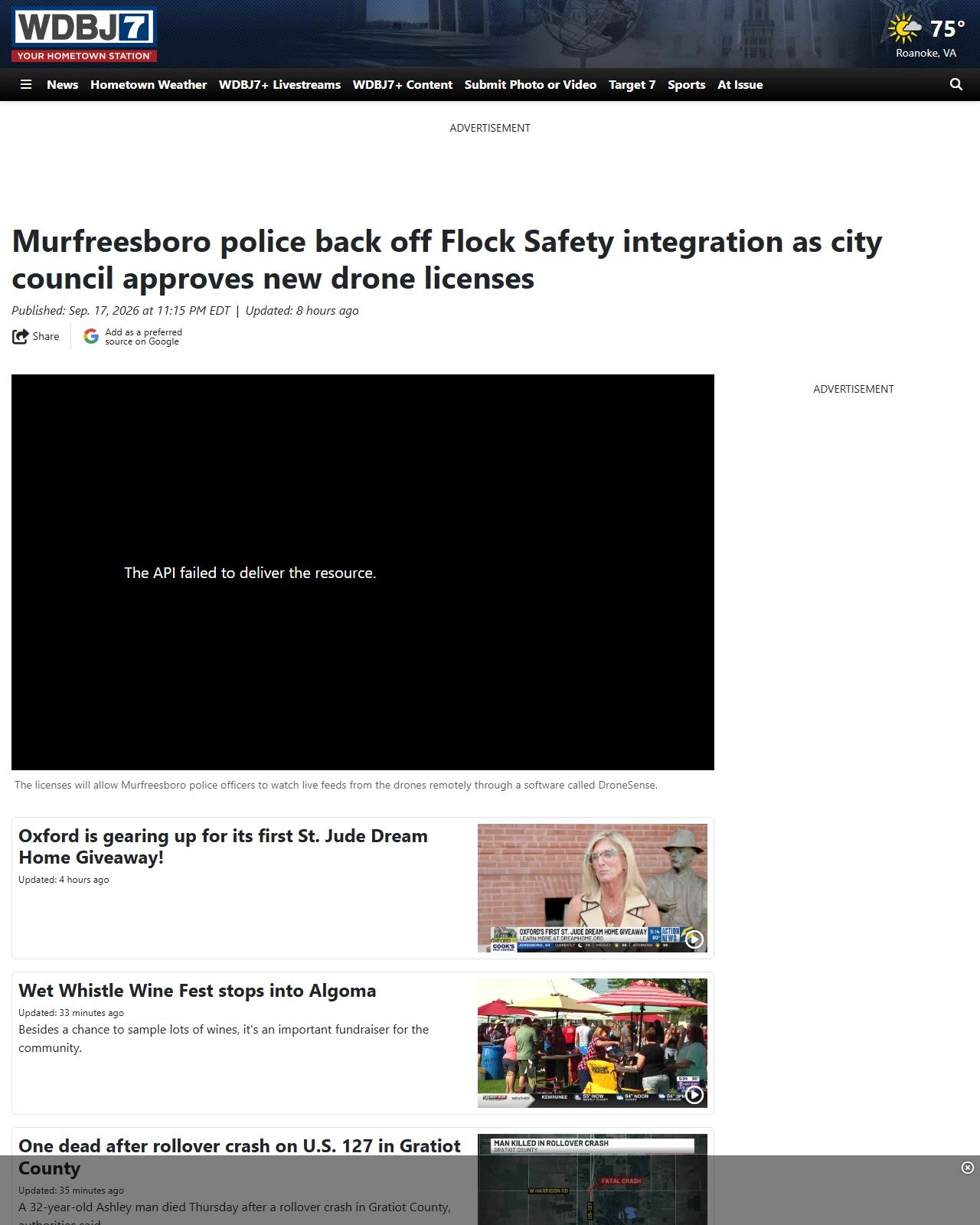 wdbj7.com as published: Murfreesboro police back off Flock Safety integration as city council approves new drone licenses