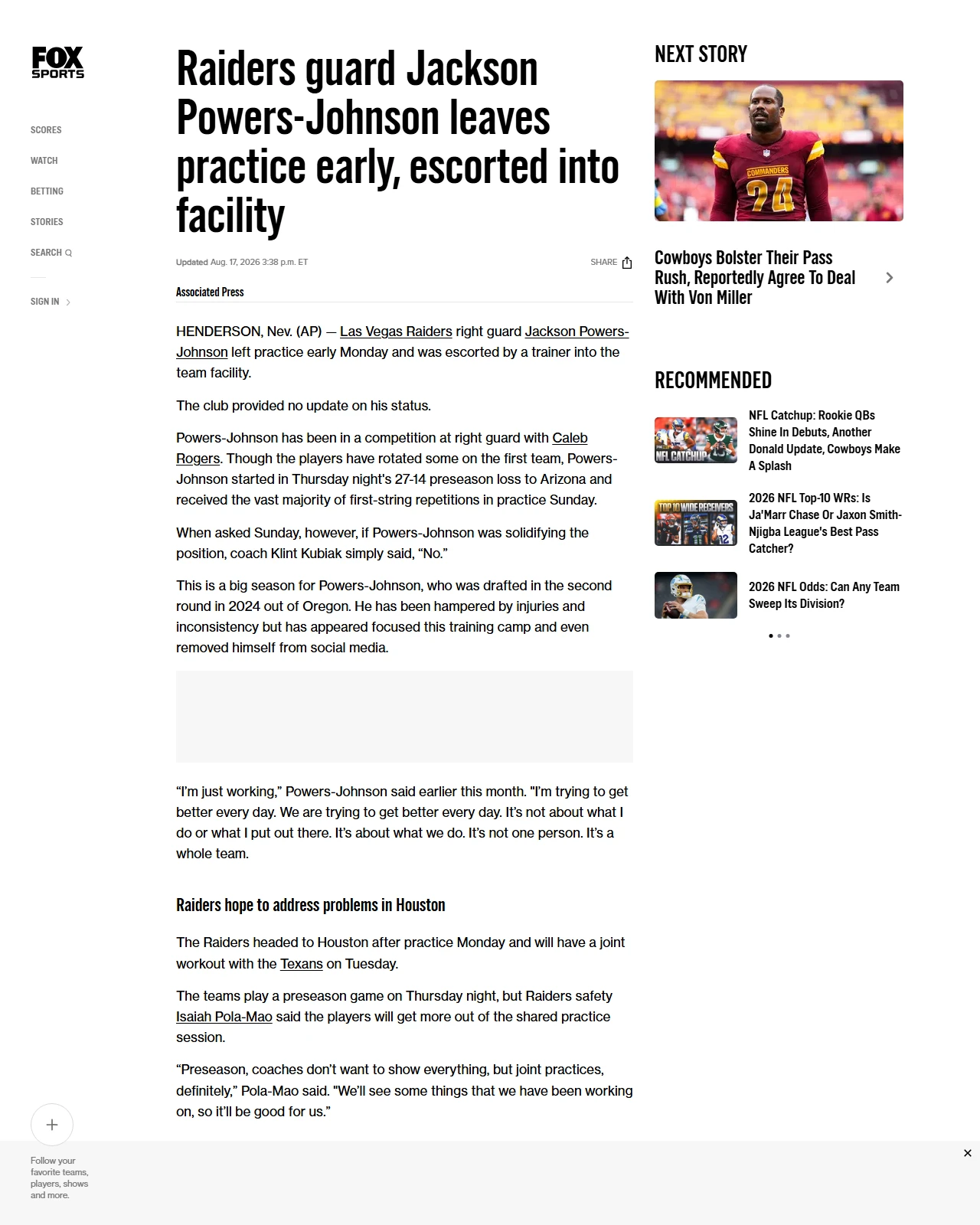 foxsports.com as published: Raiders guard Jackson Powers-Johnson leaves practice early, escorted into facility
