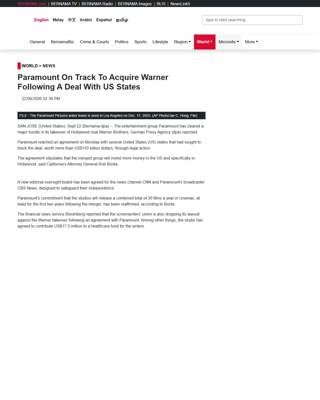 bernama.com as published: Paramount On Track To Acquire Warner Following A Deal With US States