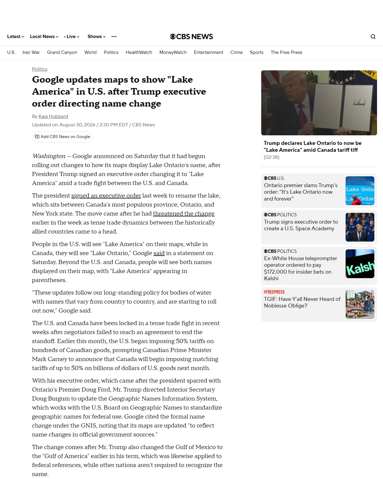 cbsnews.com as published: Google updates maps to show "Lake America" in U.S. after Trump order