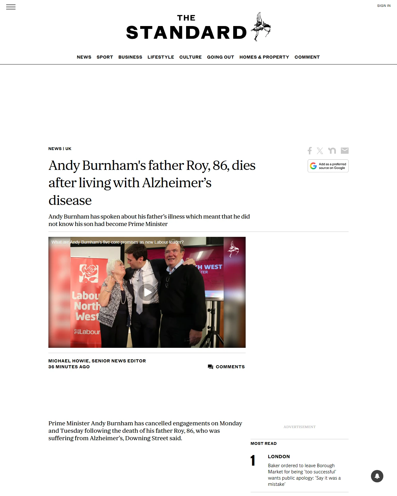 standard.co.uk as published: Andy Burnham's father Roy, 86, dies after living with Alzheimer’s disease