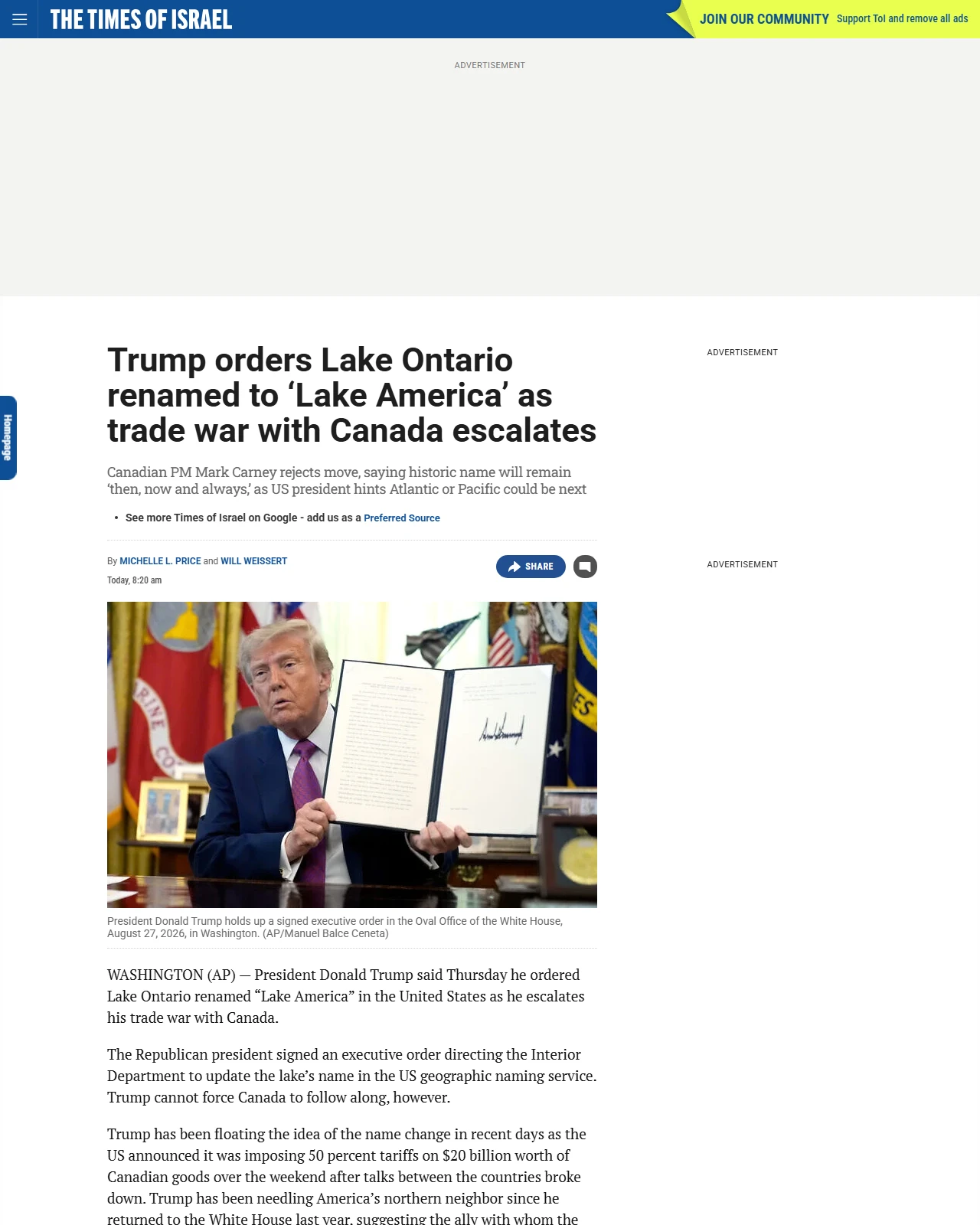 timesofisrael.com as published: Trump orders Lake Ontario renamed to ‘Lake America’ as trade war with Canada escalates