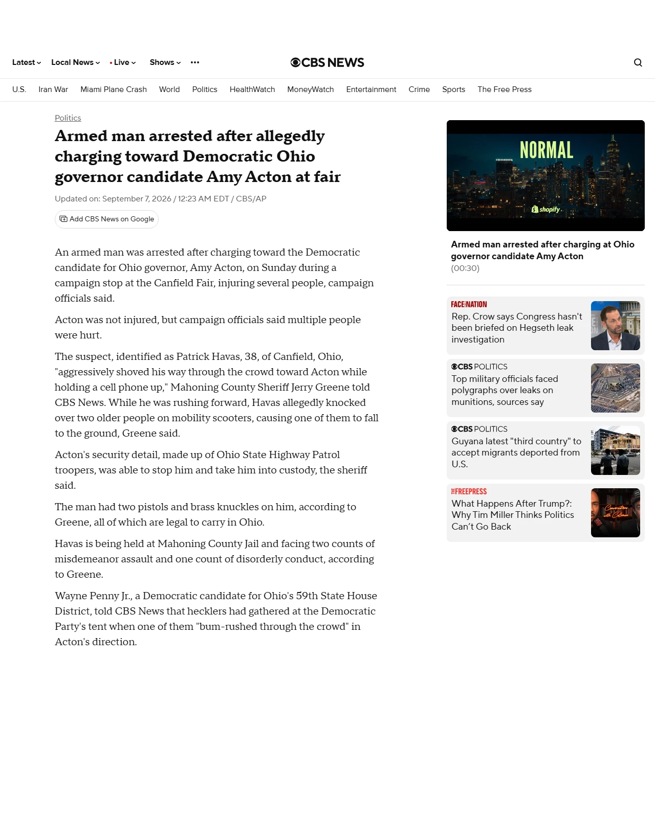 cbsnews.com as published: Armed man arrested for allegedly charging at Democratic Ohio governor candidate