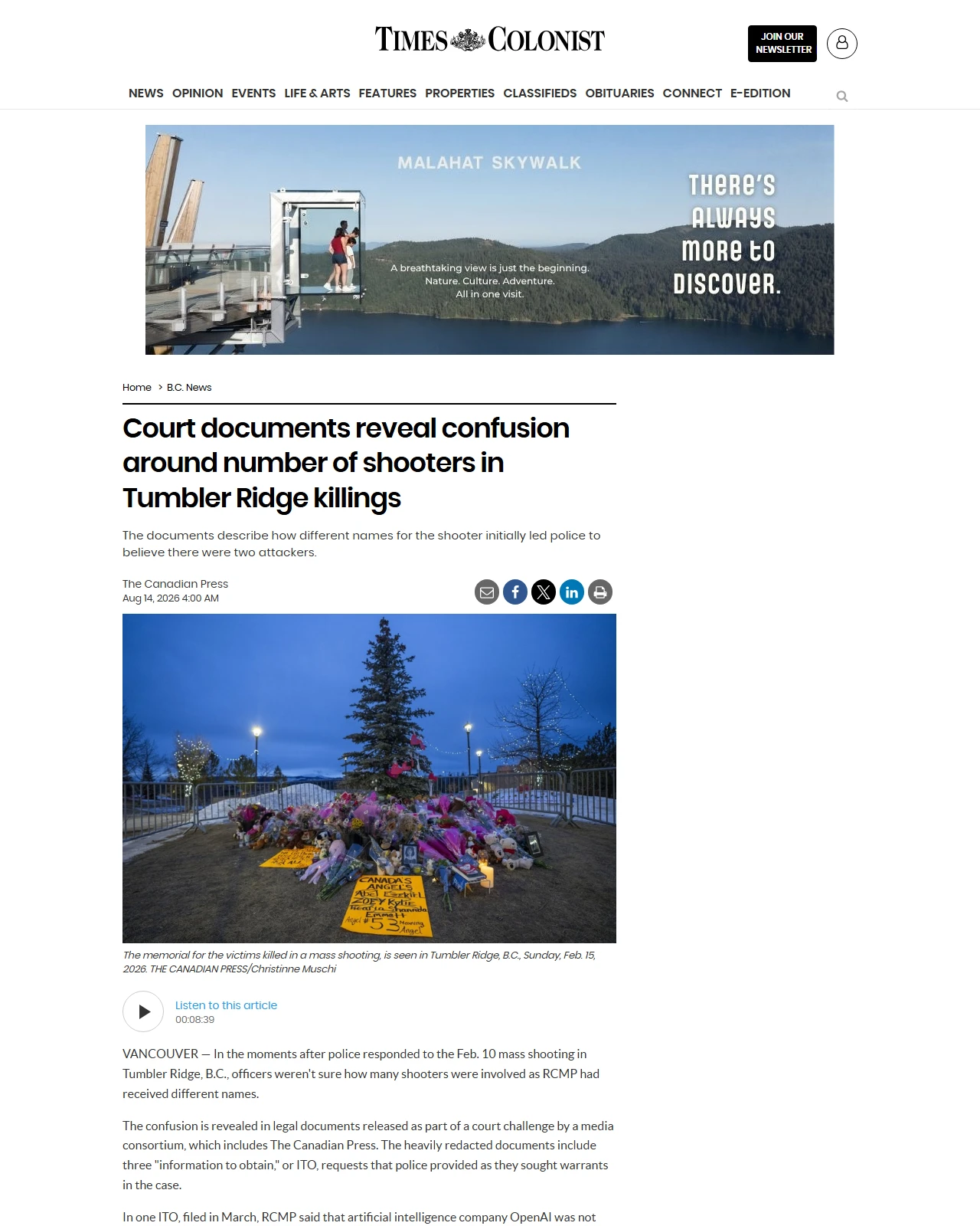 timescolonist.com as published: Court documents reveal confusion around number of shooters in Tumbler Ridge killings