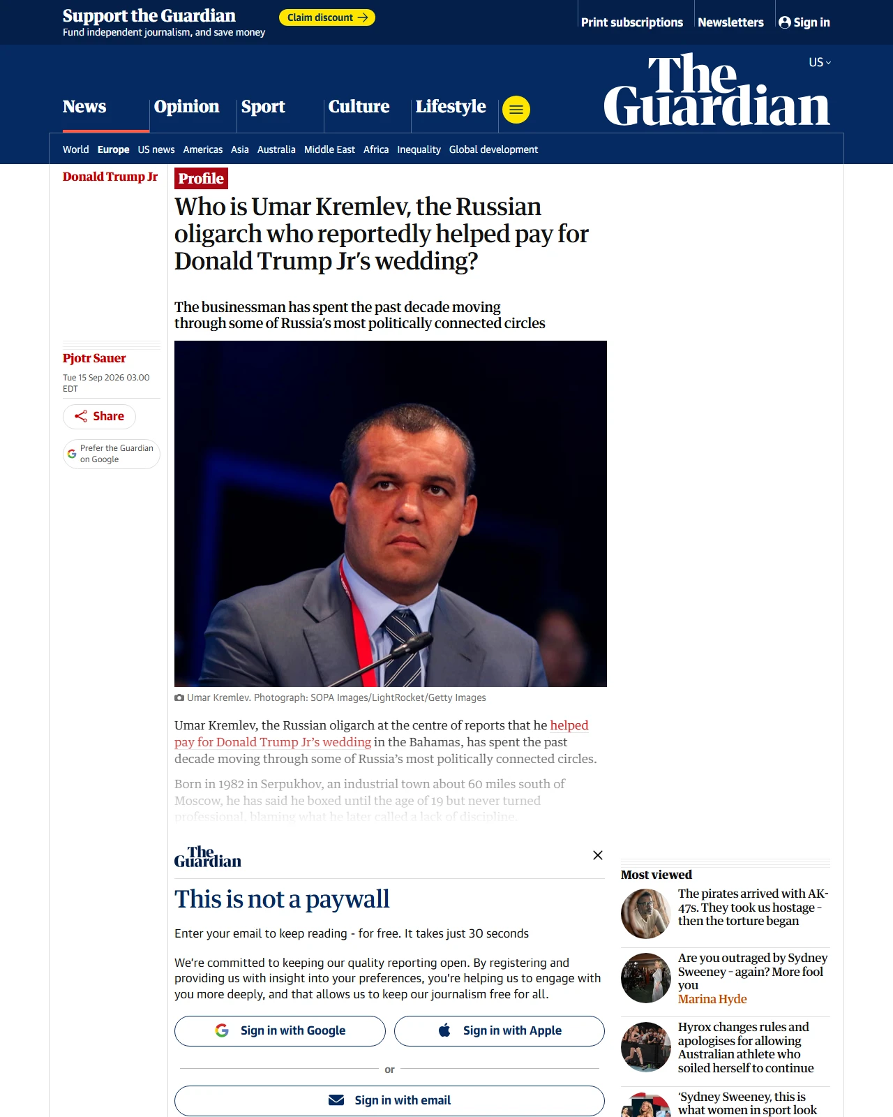 theguardian.com as published: Who is Umar Kremlev, the Russian oligarch who reportedly helped pay for Donald Trump Jr’s wedding?